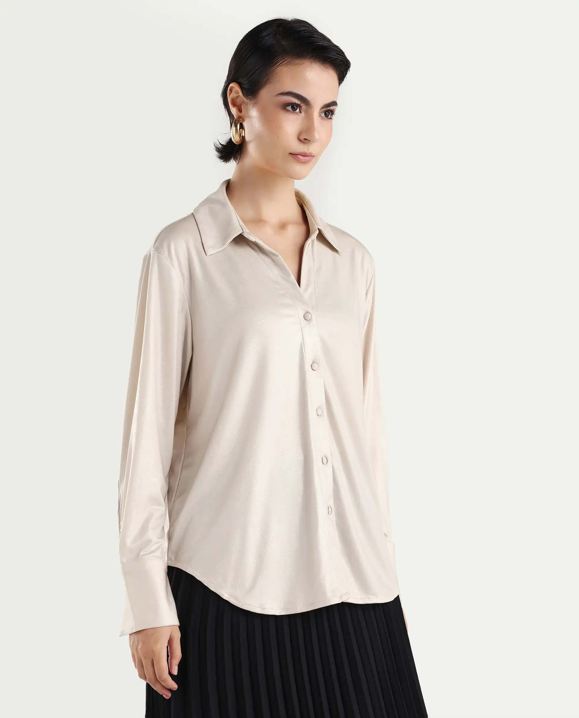 Rareism Women's Cawer Metalic Gold Polyester Drop Collar Plain Cuffed Sleeve Regular Fit Shirt - Image 6