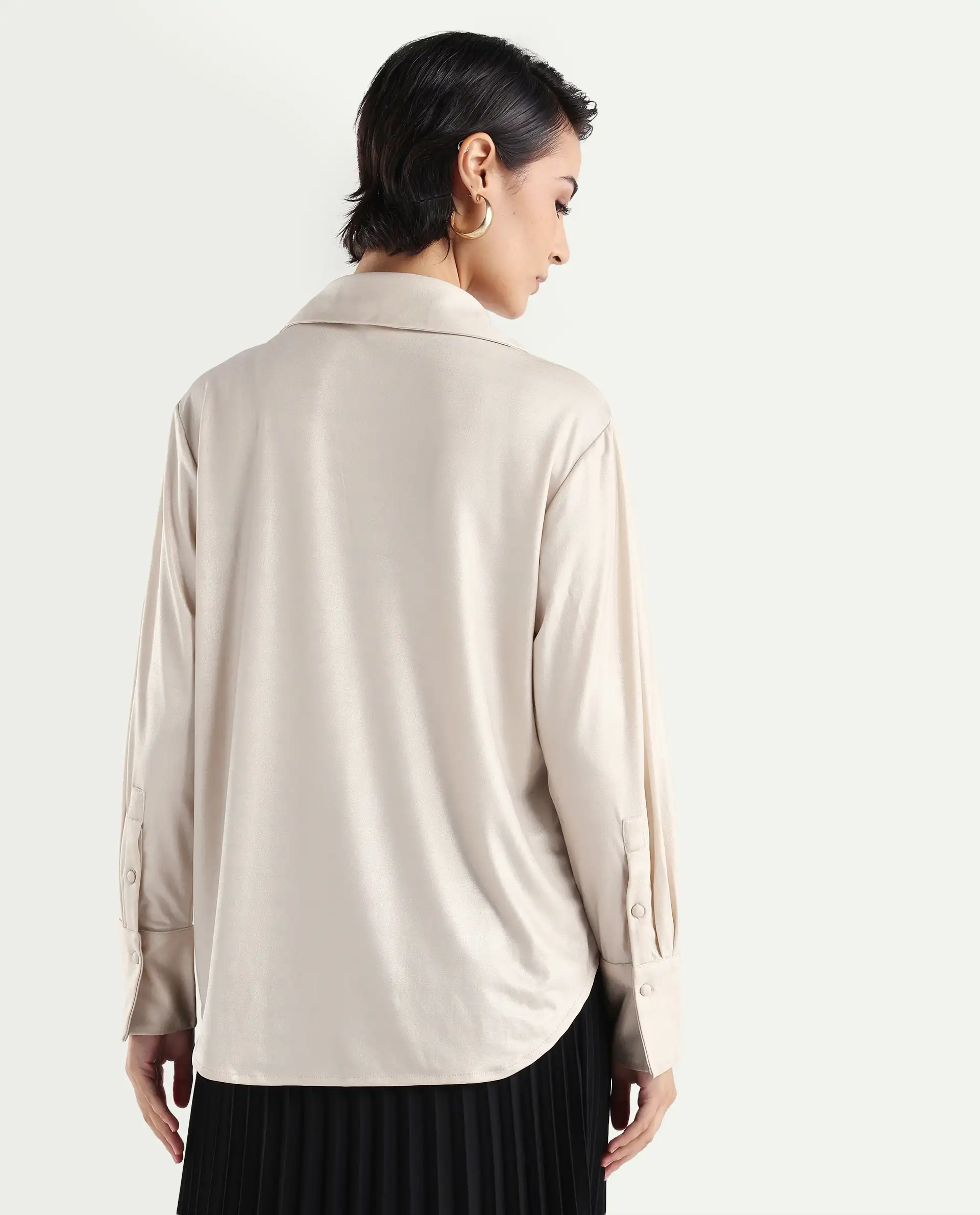 Rareism Women's Cawer Metalic Gold Polyester Drop Collar Plain Cuffed Sleeve Regular Fit Shirt - Image 7