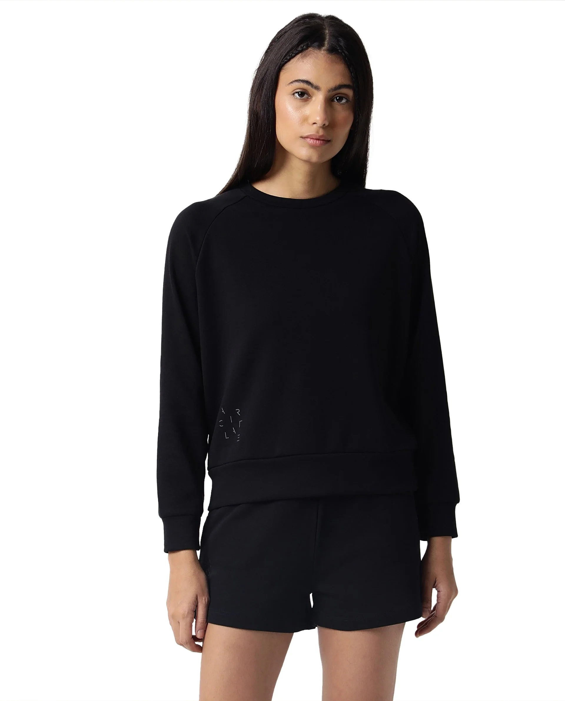 Rareism Women's Medium Weight Terry 290 Gsm Cotton Blend Crew Neck Plain Cuffed Sleeve Relaxed Fit Sweatshirt