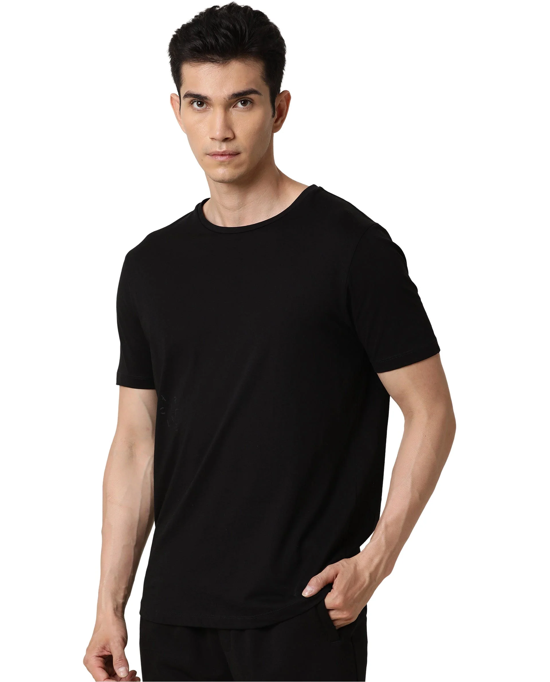 Rare Rabbit Articale Men's Caxel Double Black Crew Neck Offset Brand Print Half Sleeves T-Shirt - Image 3