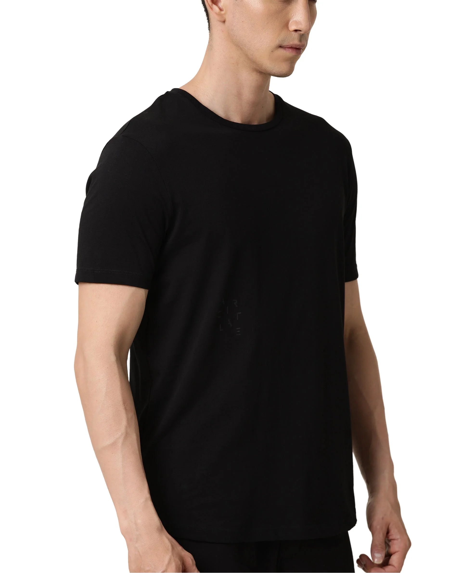 Rare Rabbit Articale Men's Caxel Double Black Crew Neck Offset Brand Print Half Sleeves T-Shirt - Image 4