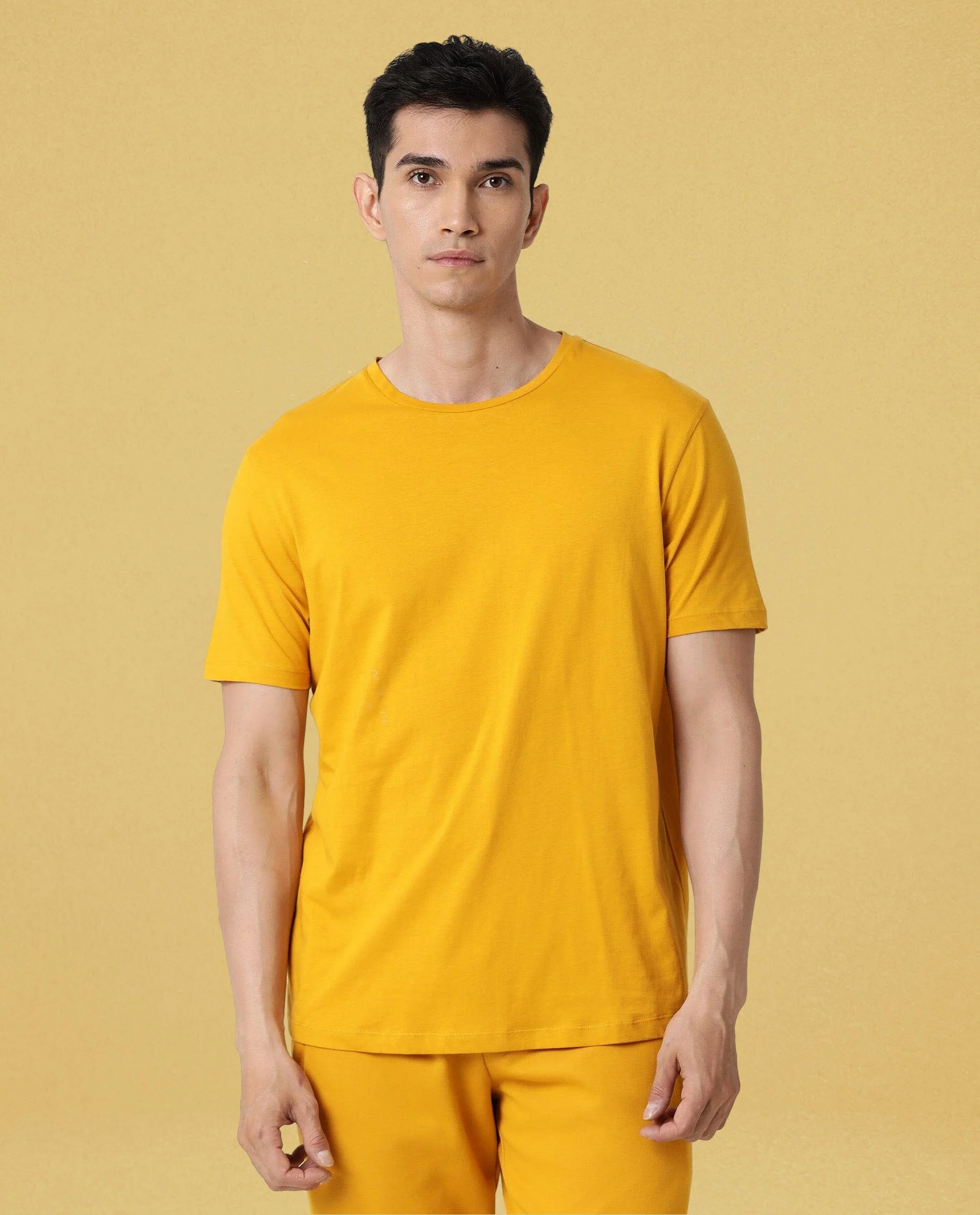 Rare Rabbit Articale Men's Caxel French Mustard Crew Neck Offset Brand Print Half Sleeves T-Shirt