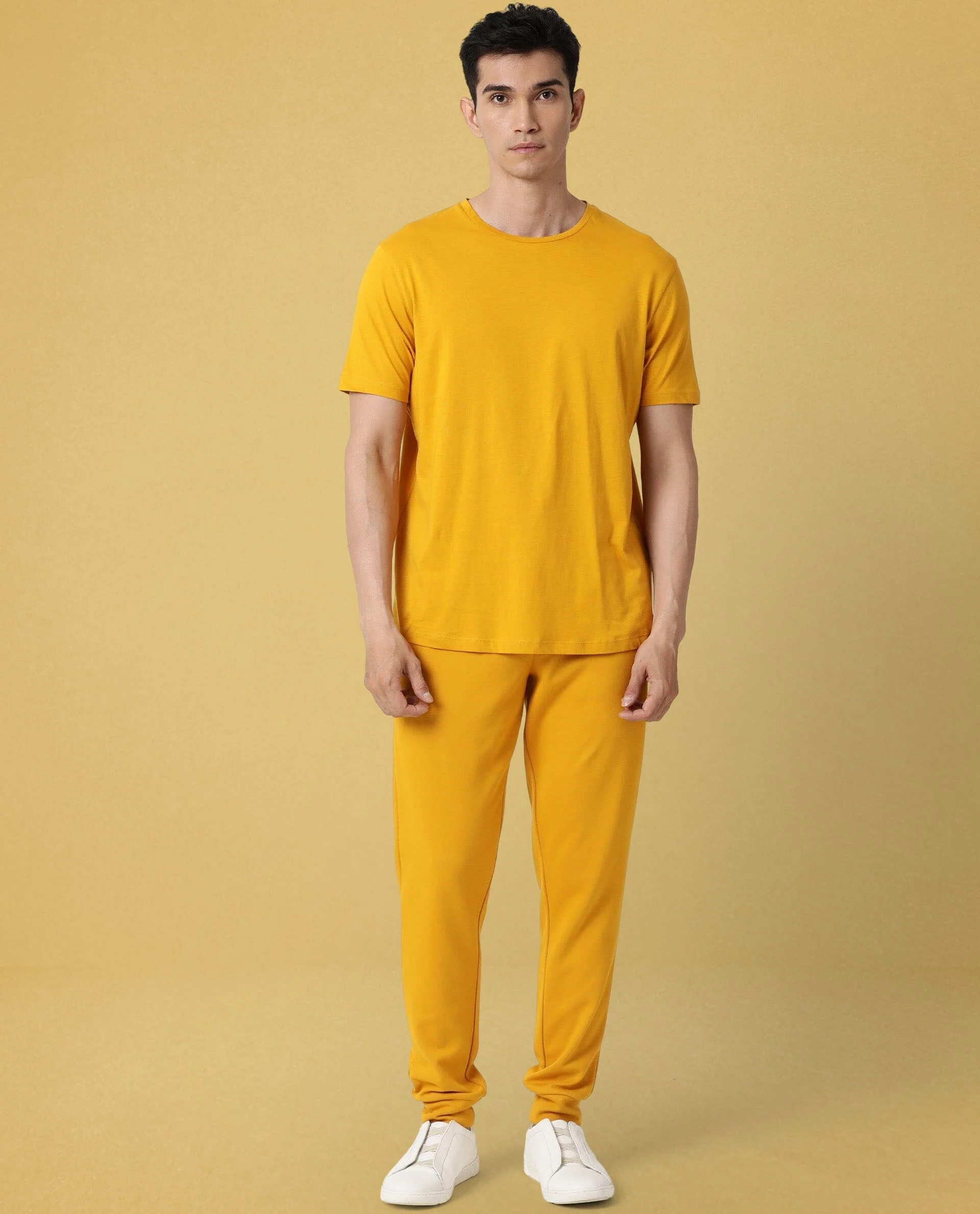 Rare Rabbit Articale Men's Caxel French Mustard Crew Neck Offset Brand Print Half Sleeves T-Shirt - Image 2