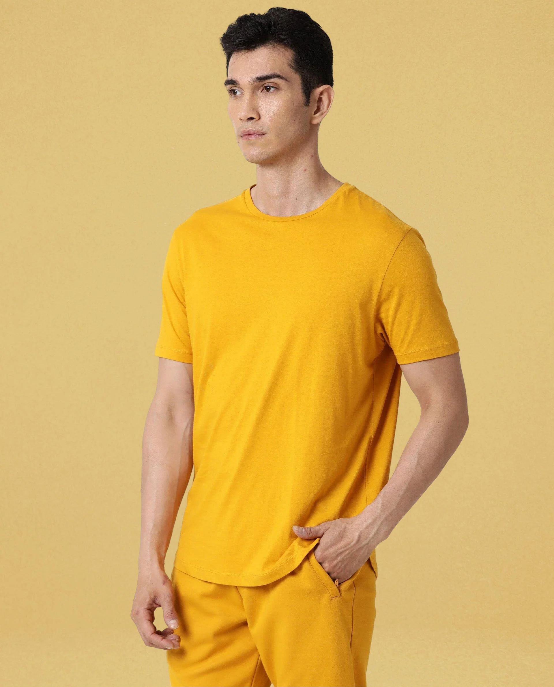 Rare Rabbit Articale Men's Caxel French Mustard Crew Neck Offset Brand Print Half Sleeves T-Shirt - Image 3