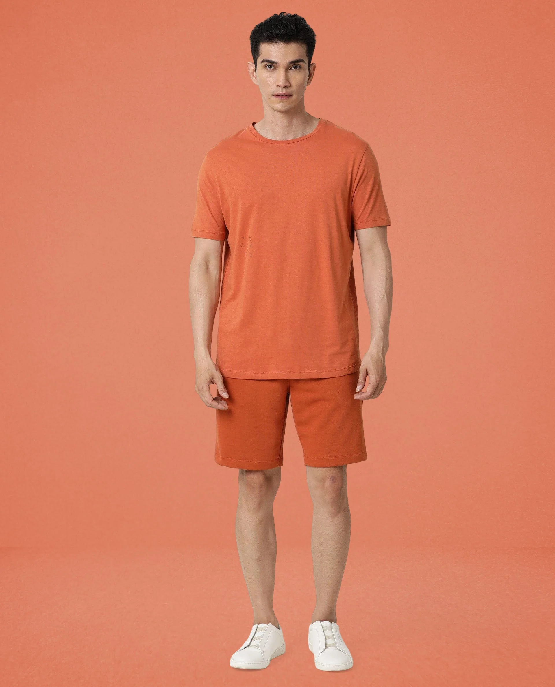 Rare Rabbit Articale Men's Caxel Tangy Orange Crew Neck Offset Brand Print Half Sleeves T-Shirt - Image 2