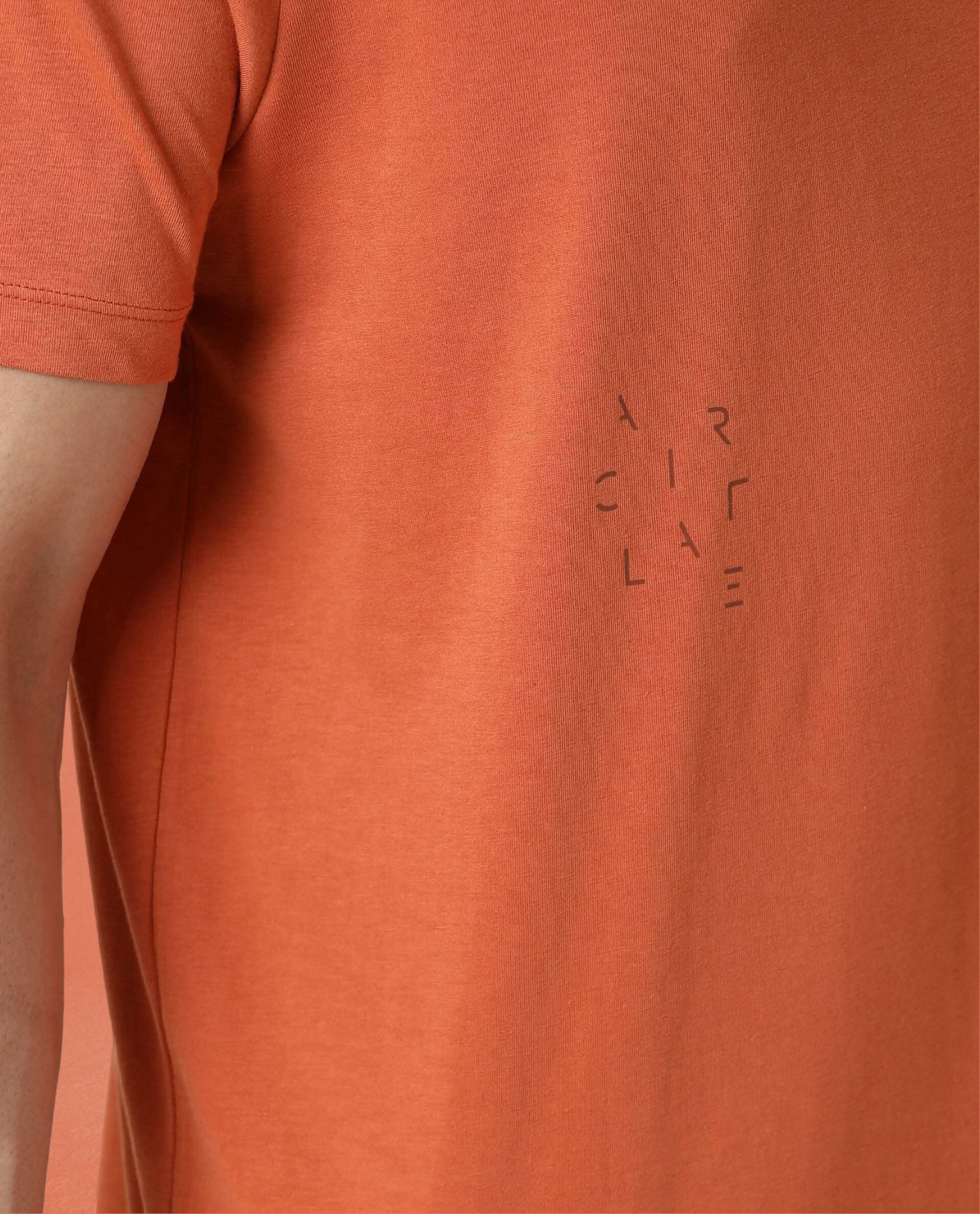 Rare Rabbit Articale Men's Caxel Tangy Orange Crew Neck Offset Brand Print Half Sleeves T-Shirt - Image 4