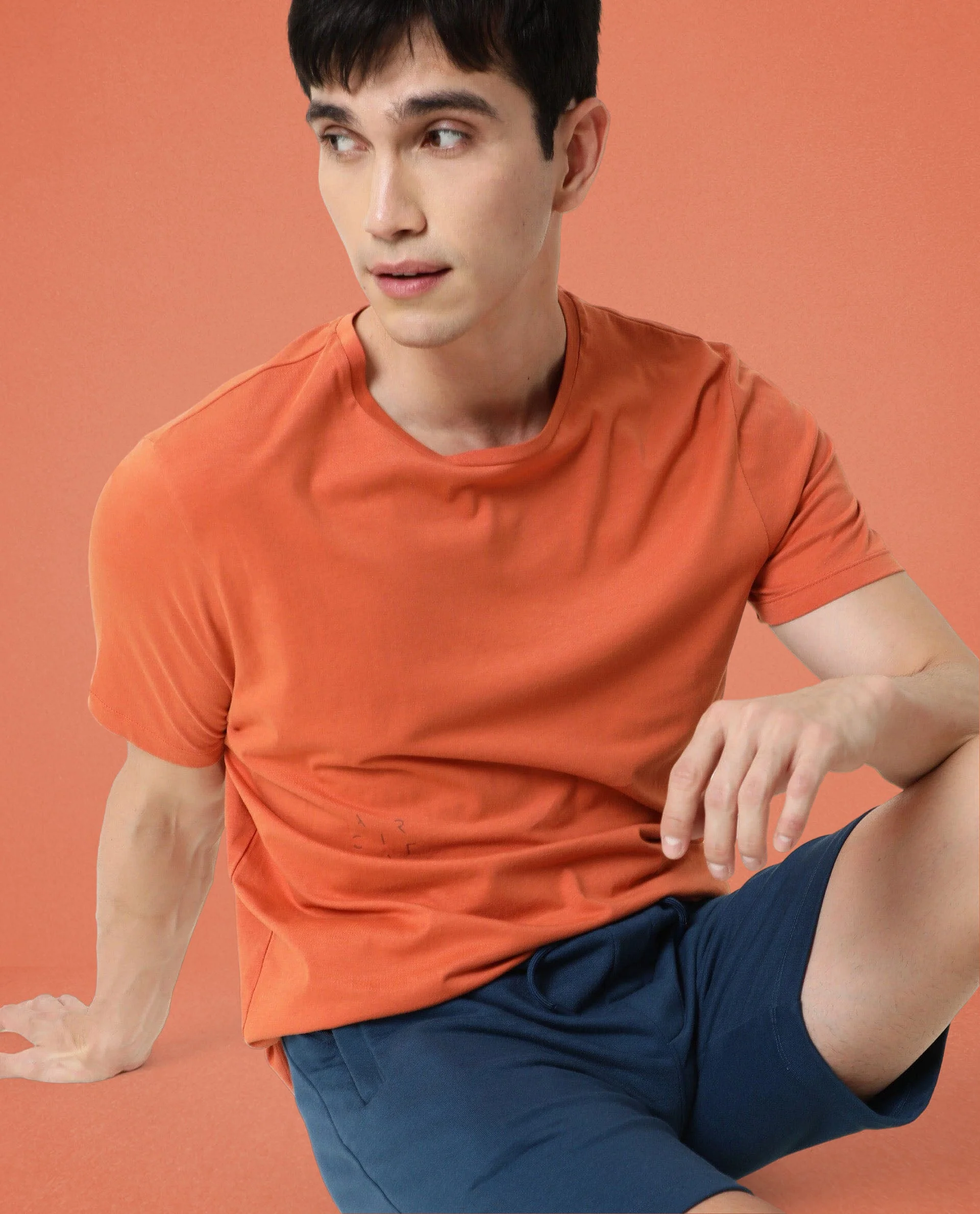 Rare Rabbit Articale Men's Caxel Tangy Orange Crew Neck Offset Brand Print Half Sleeves T-Shirt - Image 7