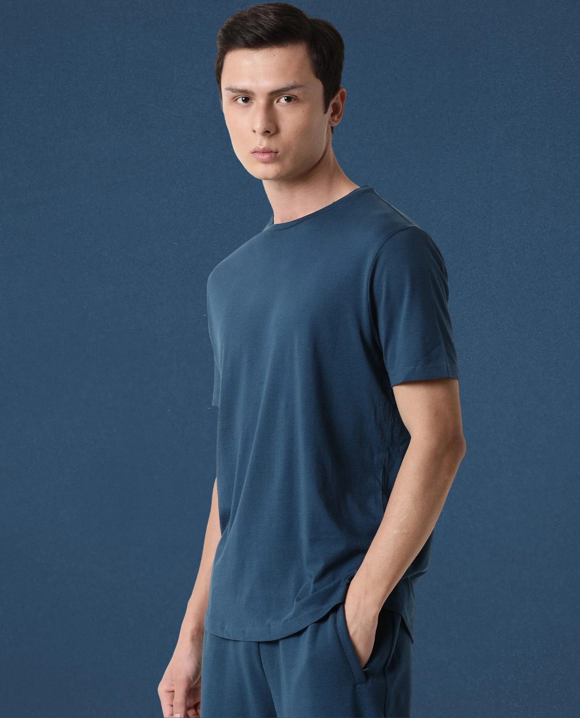 Rare Rabbit Articale Men's Caxel Oyster Teal Crew Neck Offset Brand Print Half Sleeves T-Shirt - Image 3