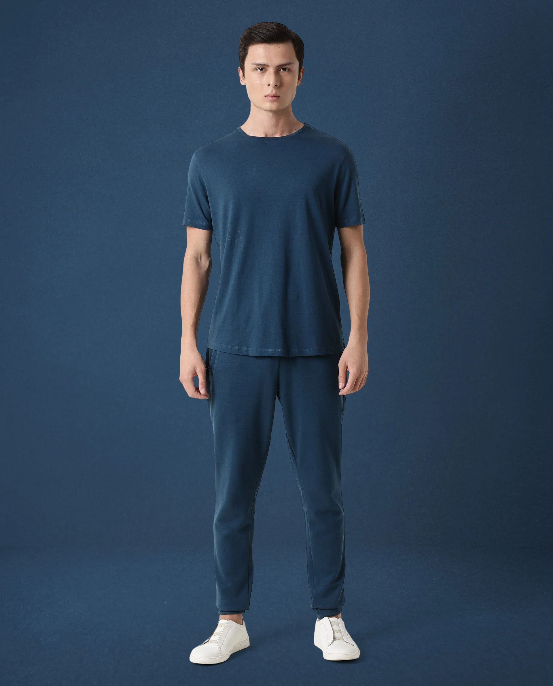 Rare Rabbit Articale Men's Caxel Oyster Teal Crew Neck Offset Brand Print Half Sleeves T-Shirt - Image 4