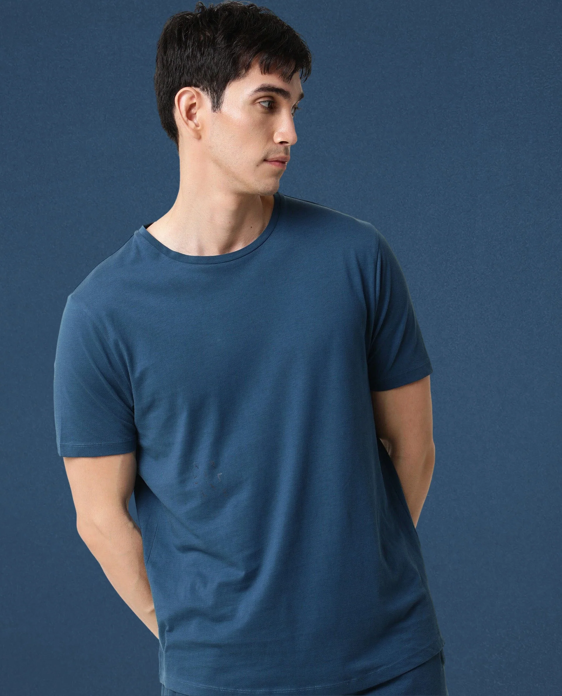 Rare Rabbit Articale Men's Caxel Oyster Teal Crew Neck Offset Brand Print Half Sleeves T-Shirt - Image 7
