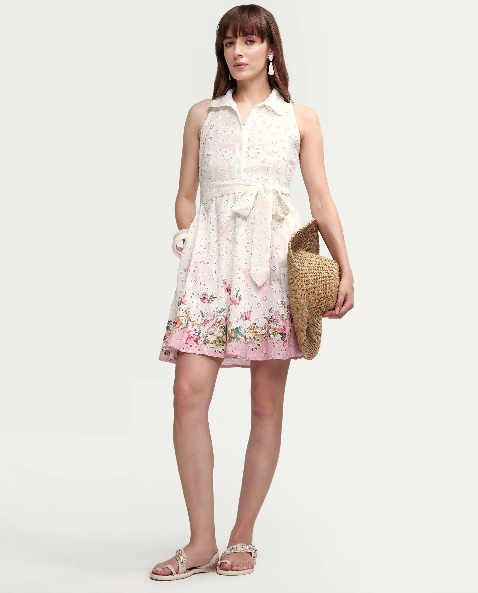 Rareism Women's Cayla White Cotton Sleeveless Flared Floral Print Dress - Image 2