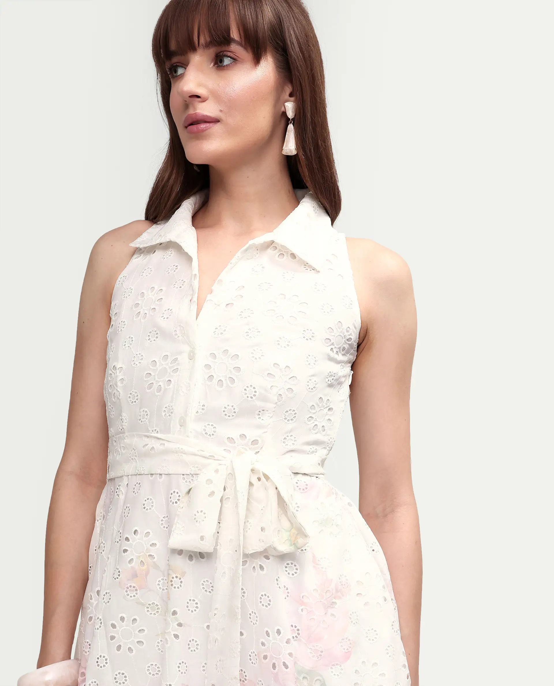 Rareism Women's Cayla White Cotton Sleeveless Flared Floral Print Dress - Image 3