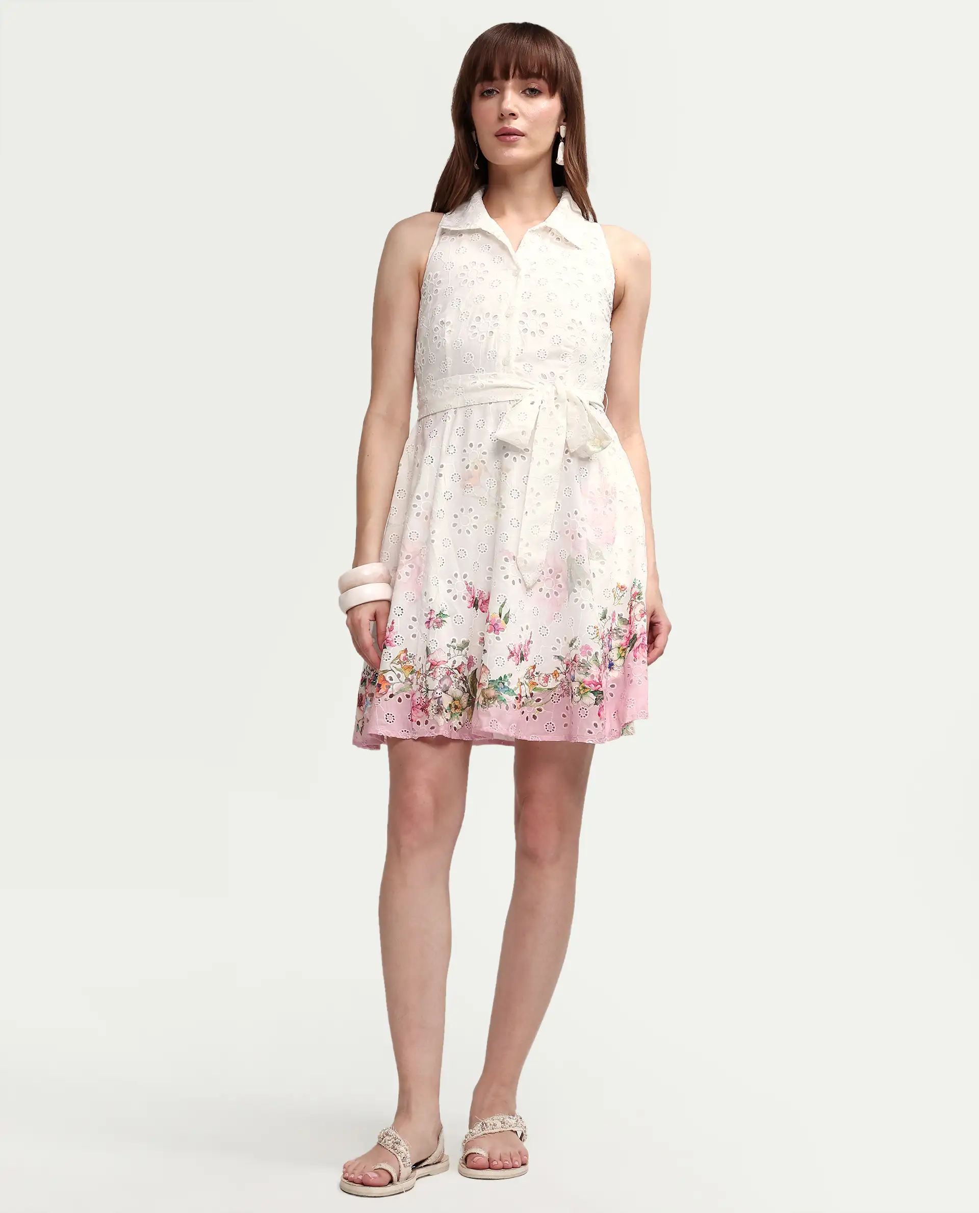 Rareism Women's Cayla White Cotton Sleeveless Flared Floral Print Dress - Image 4
