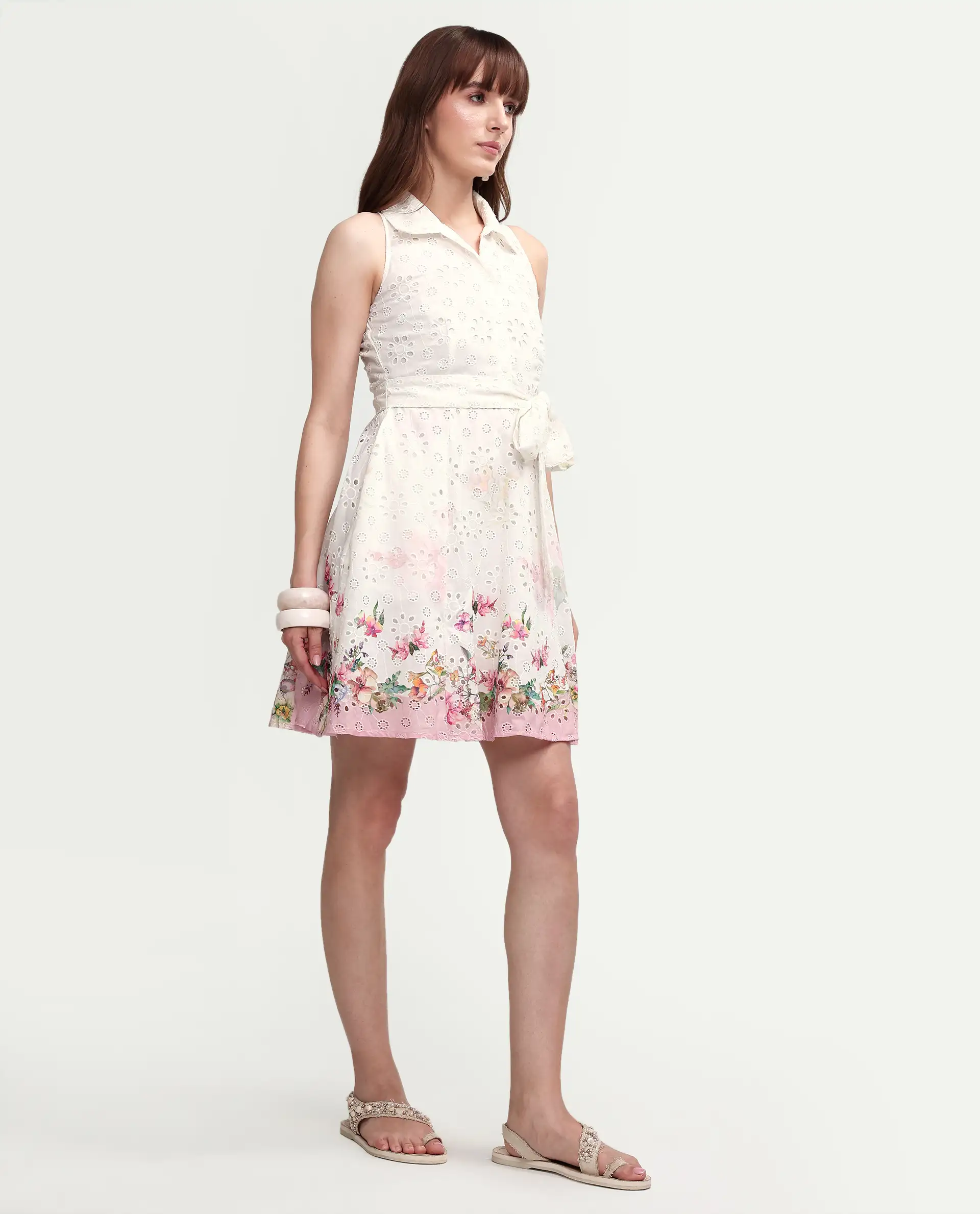 Rareism Women's Cayla White Cotton Sleeveless Flared Floral Print Dress - Image 6