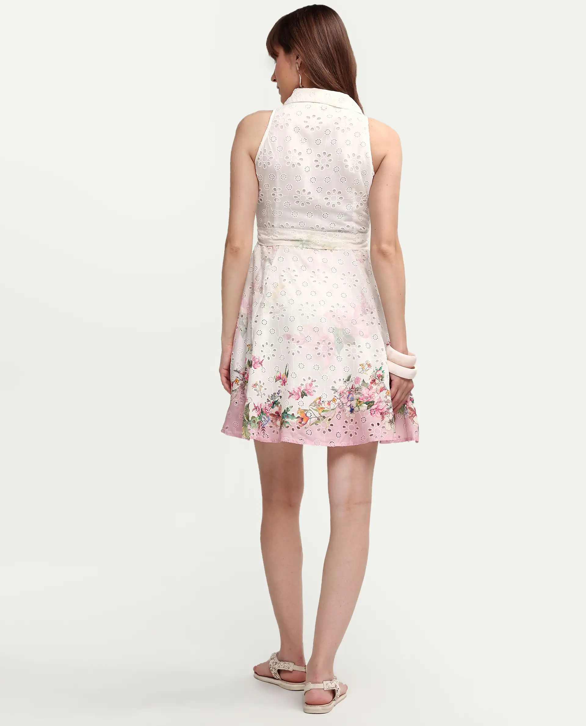 Rareism Women's Cayla White Cotton Sleeveless Flared Floral Print Dress - Image 7