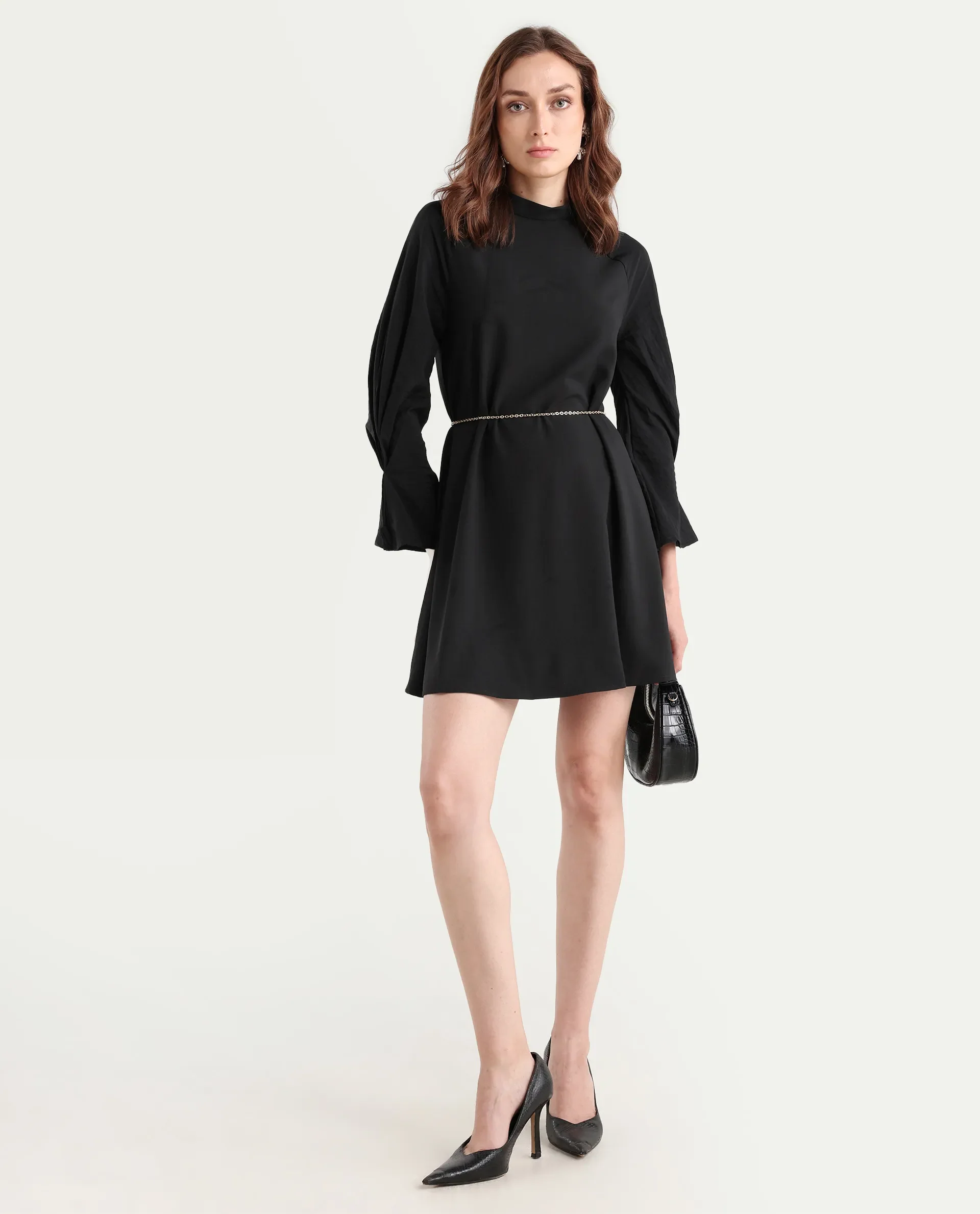 Rareism Women's Cayman Black Cotton Blend High Neck Plain Fashion Sleeve Mini Straight Fit Dress - Image 2