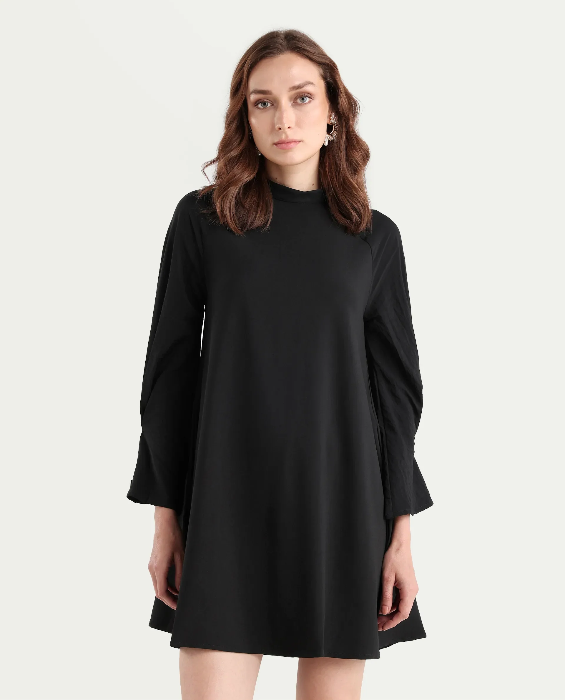 Rareism Women's Cayman Black Cotton Blend High Neck Plain Fashion Sleeve Mini Straight Fit Dress - Image 3