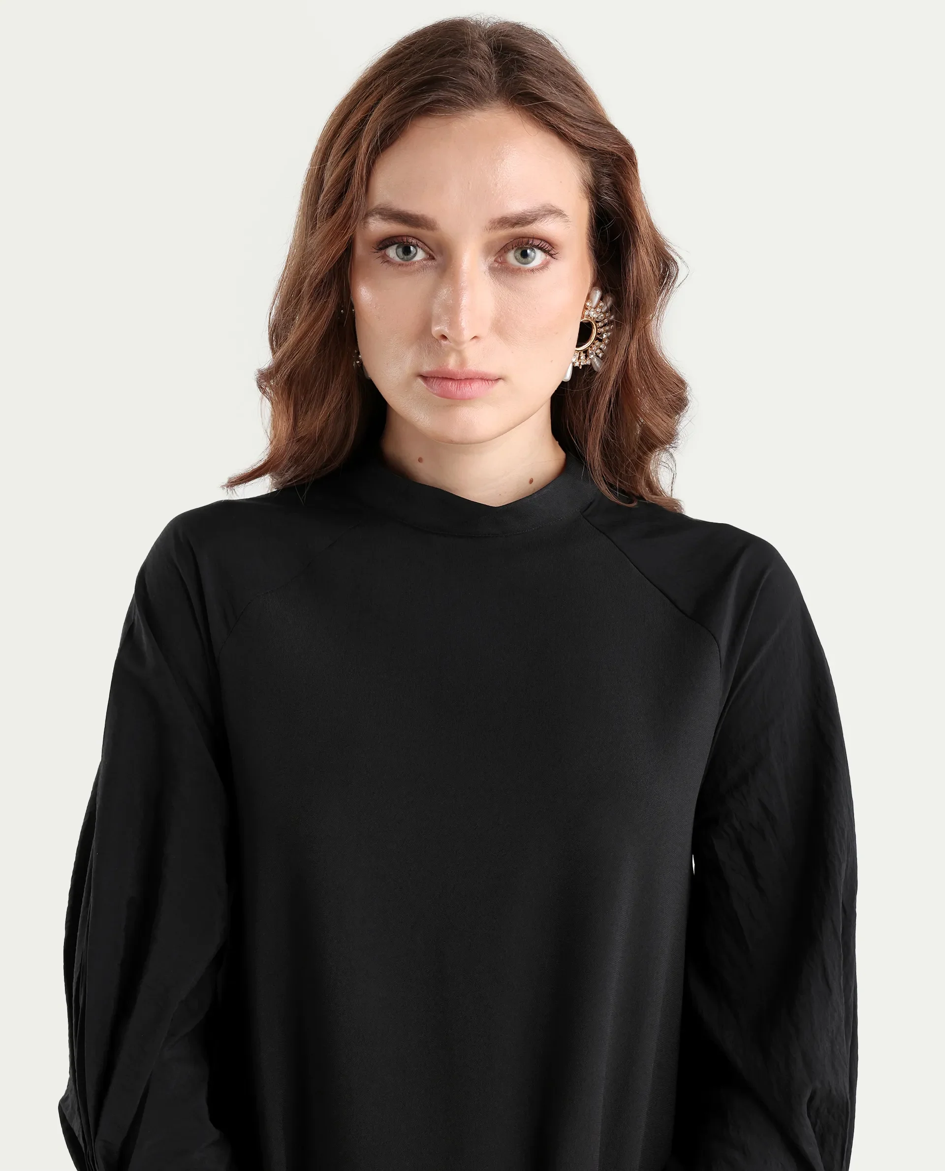 Rareism Women's Cayman Black Cotton Blend High Neck Plain Fashion Sleeve Mini Straight Fit Dress - Image 4
