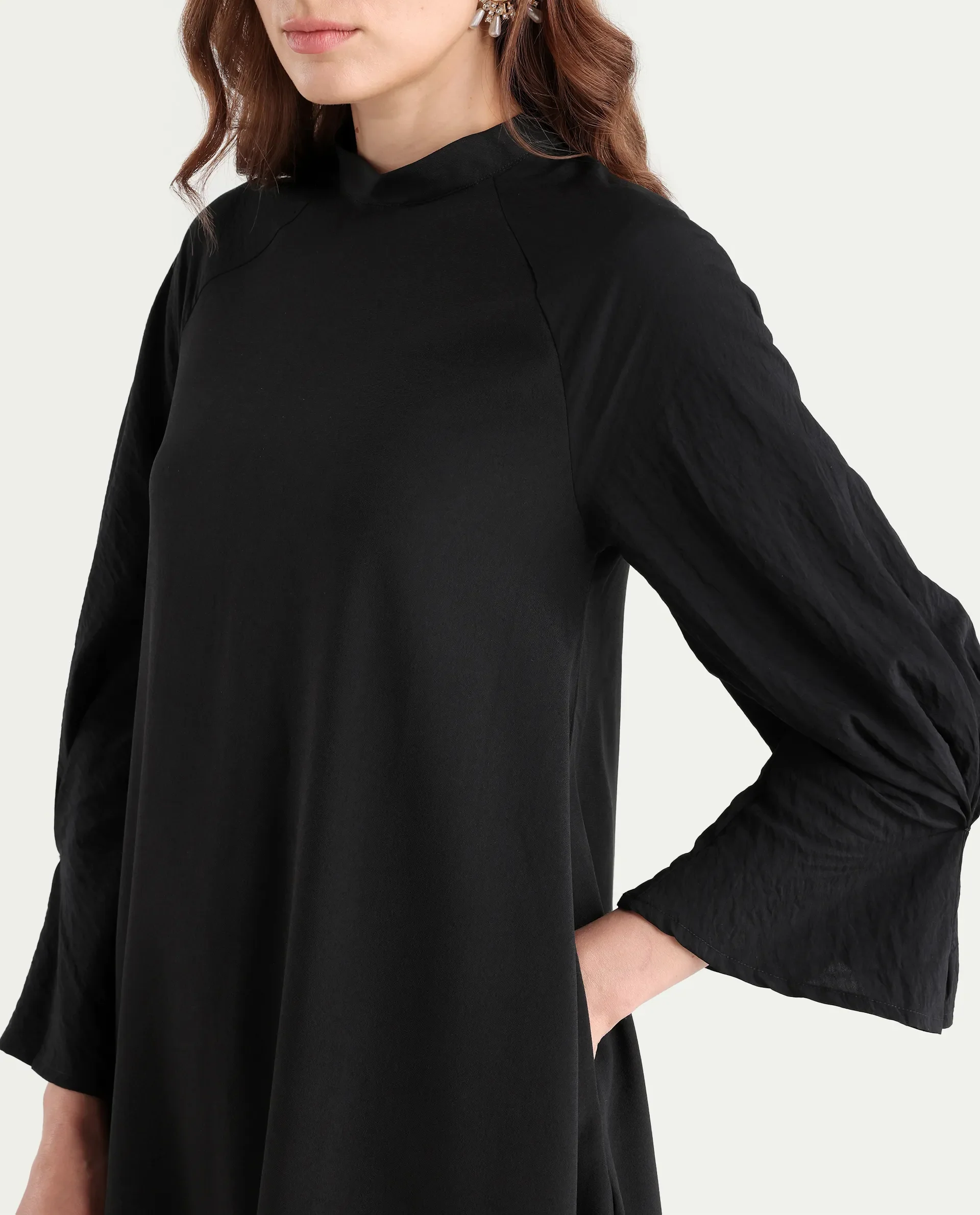 Rareism Women's Cayman Black Cotton Blend High Neck Plain Fashion Sleeve Mini Straight Fit Dress - Image 5