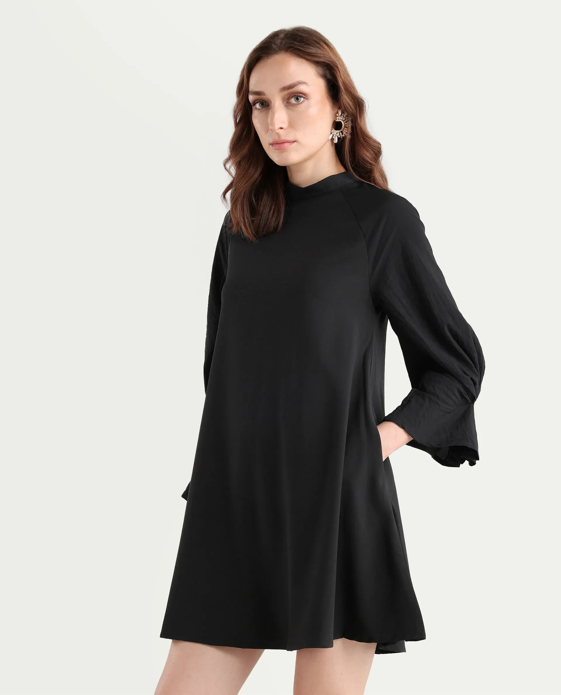 Rareism Women's Cayman Black Cotton Blend High Neck Plain Fashion Sleeve Mini Straight Fit Dress - Image 6