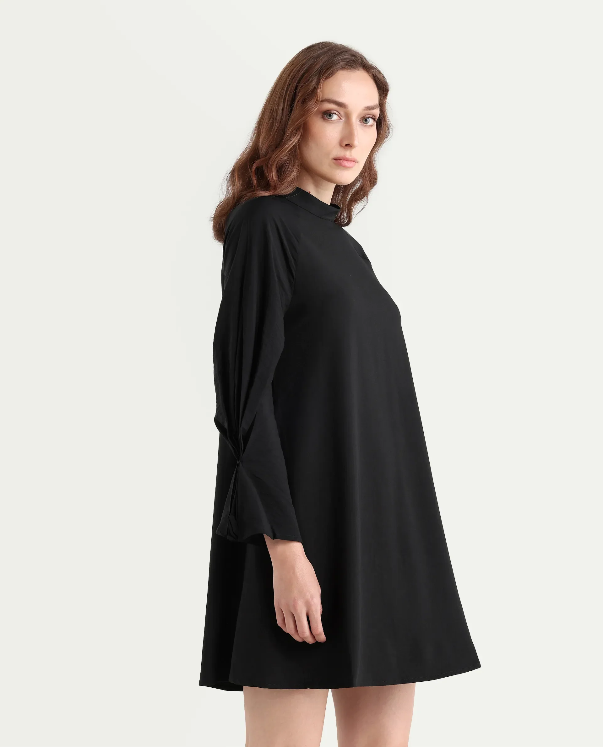 Rareism Women's Cayman Black Cotton Blend High Neck Plain Fashion Sleeve Mini Straight Fit Dress - Image 7