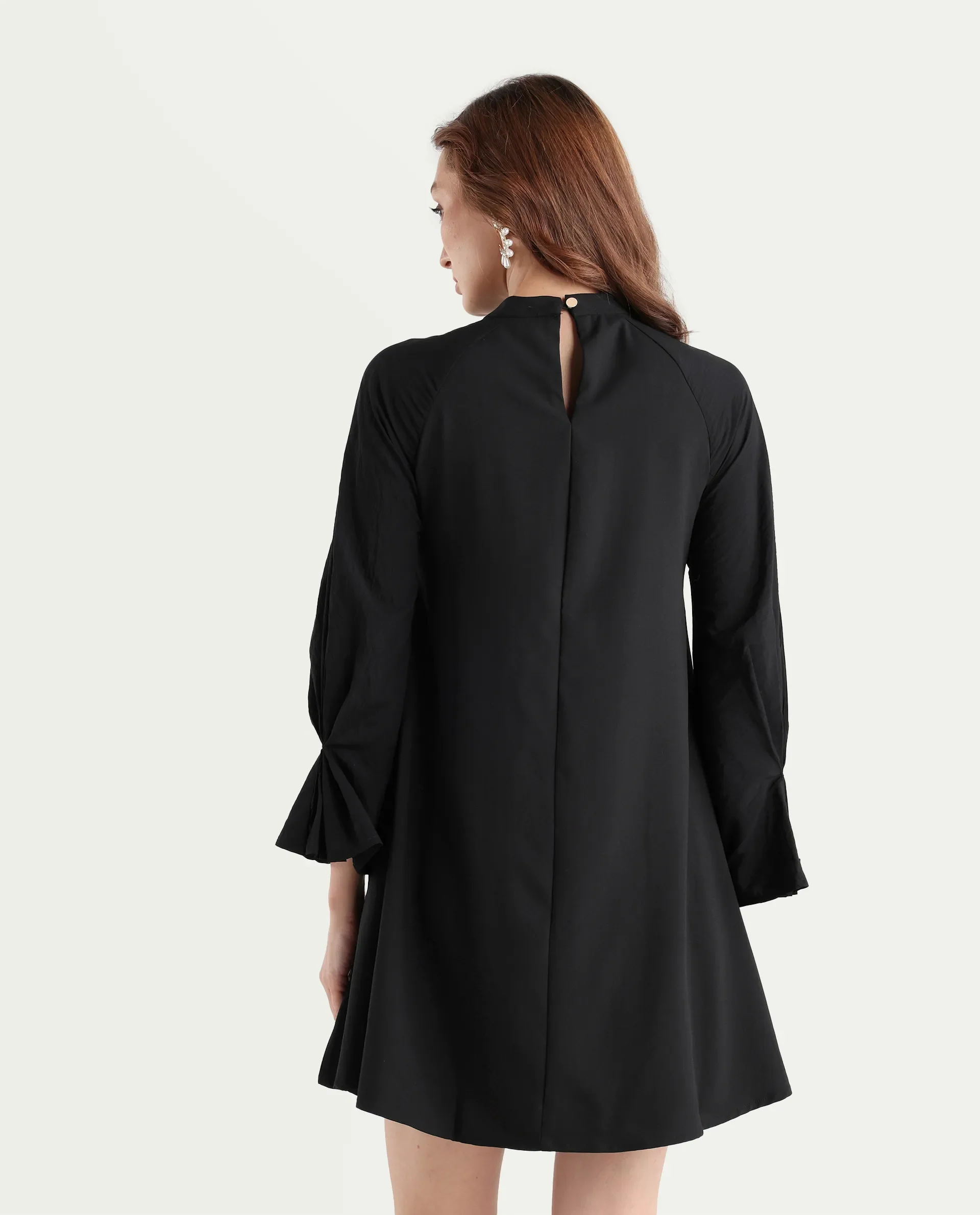 Rareism Women's Cayman Black Cotton Blend High Neck Plain Fashion Sleeve Mini Straight Fit Dress - Image 8