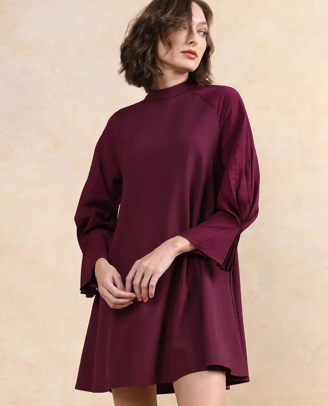 Rareism Women's Cayman Maroon Cotton Blend High Neck Plain Fashion Sleeve Midi Straight Fit Dress