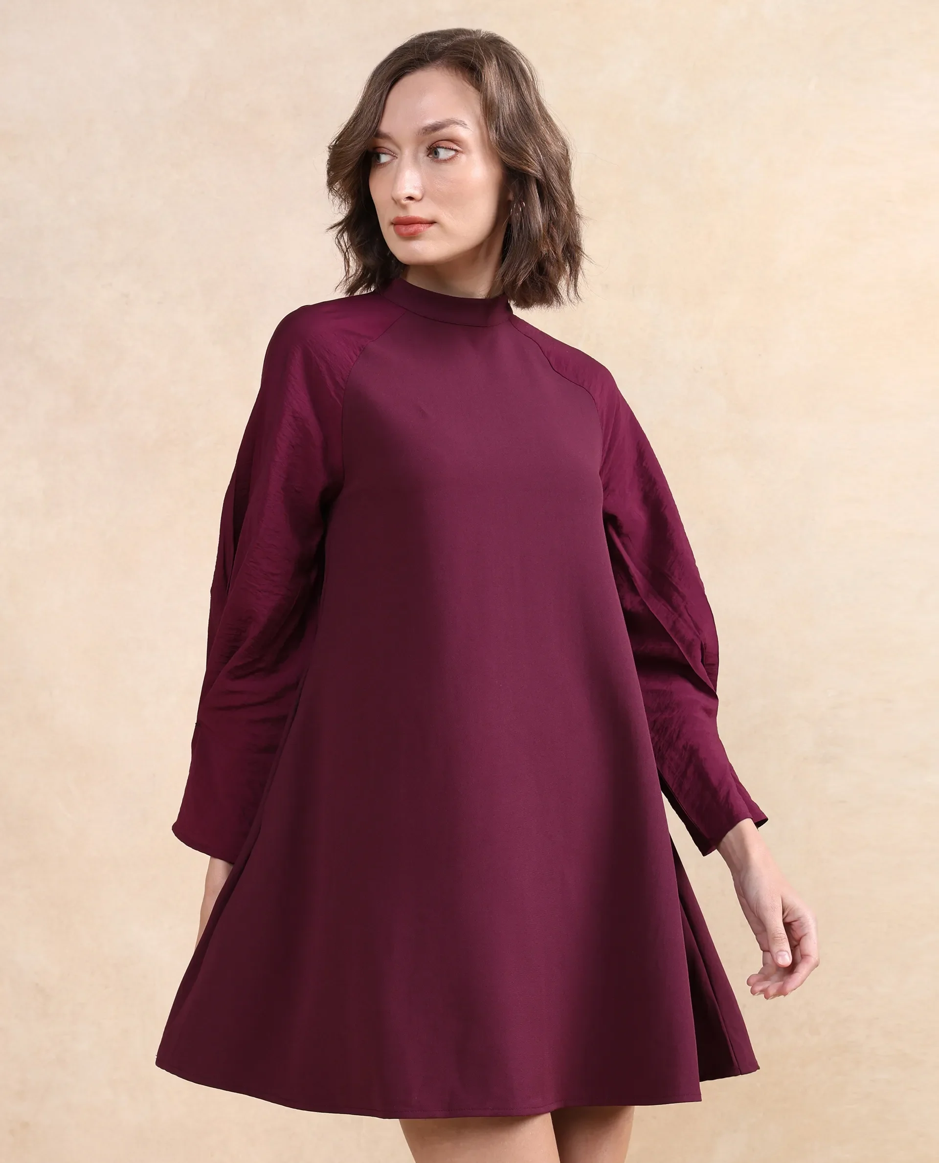 Rareism Women's Cayman Maroon Cotton Blend High Neck Plain Fashion Sleeve Midi Straight Fit Dress - Image 2