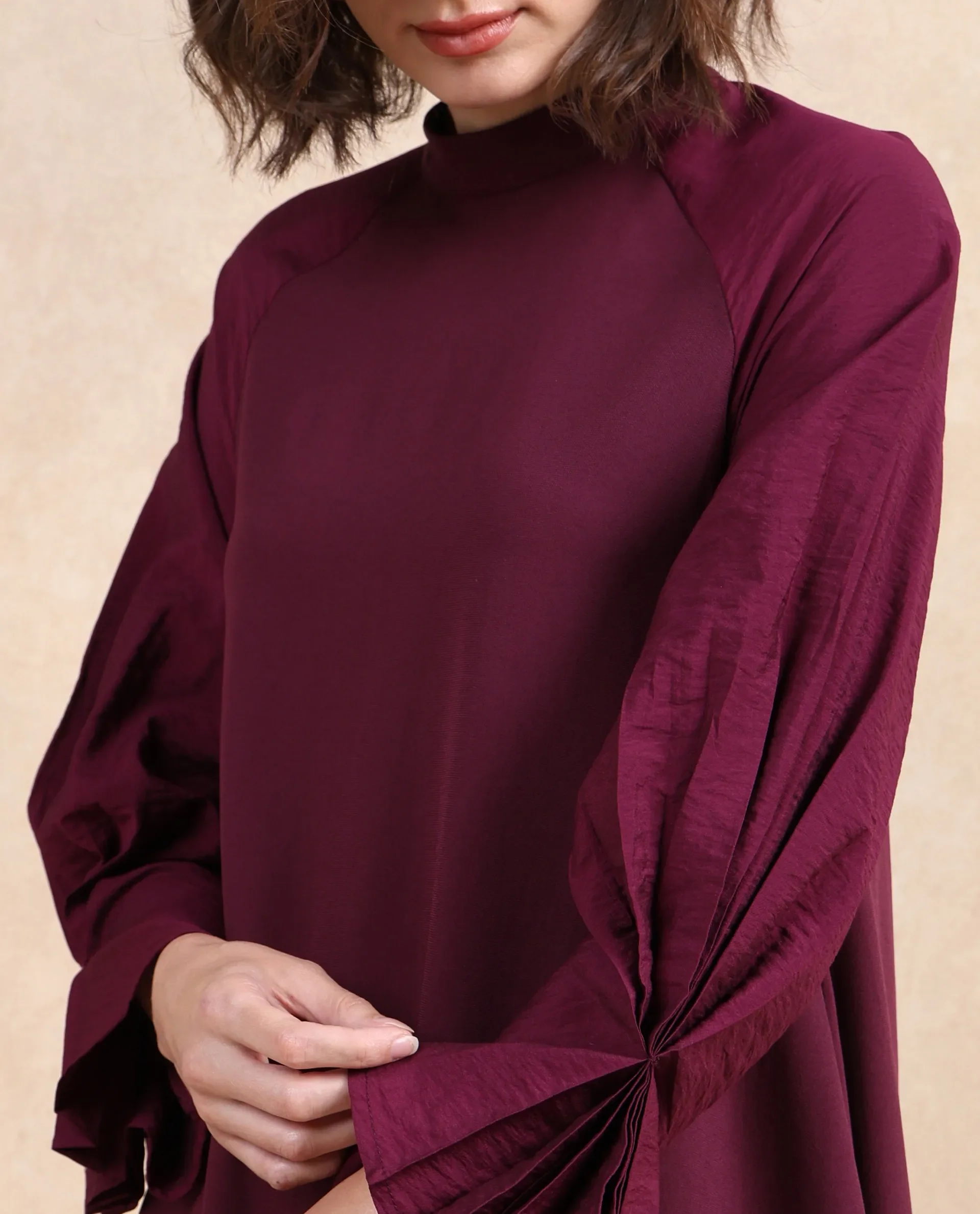 Rareism Women's Cayman Maroon Cotton Blend High Neck Plain Fashion Sleeve Midi Straight Fit Dress - Image 3