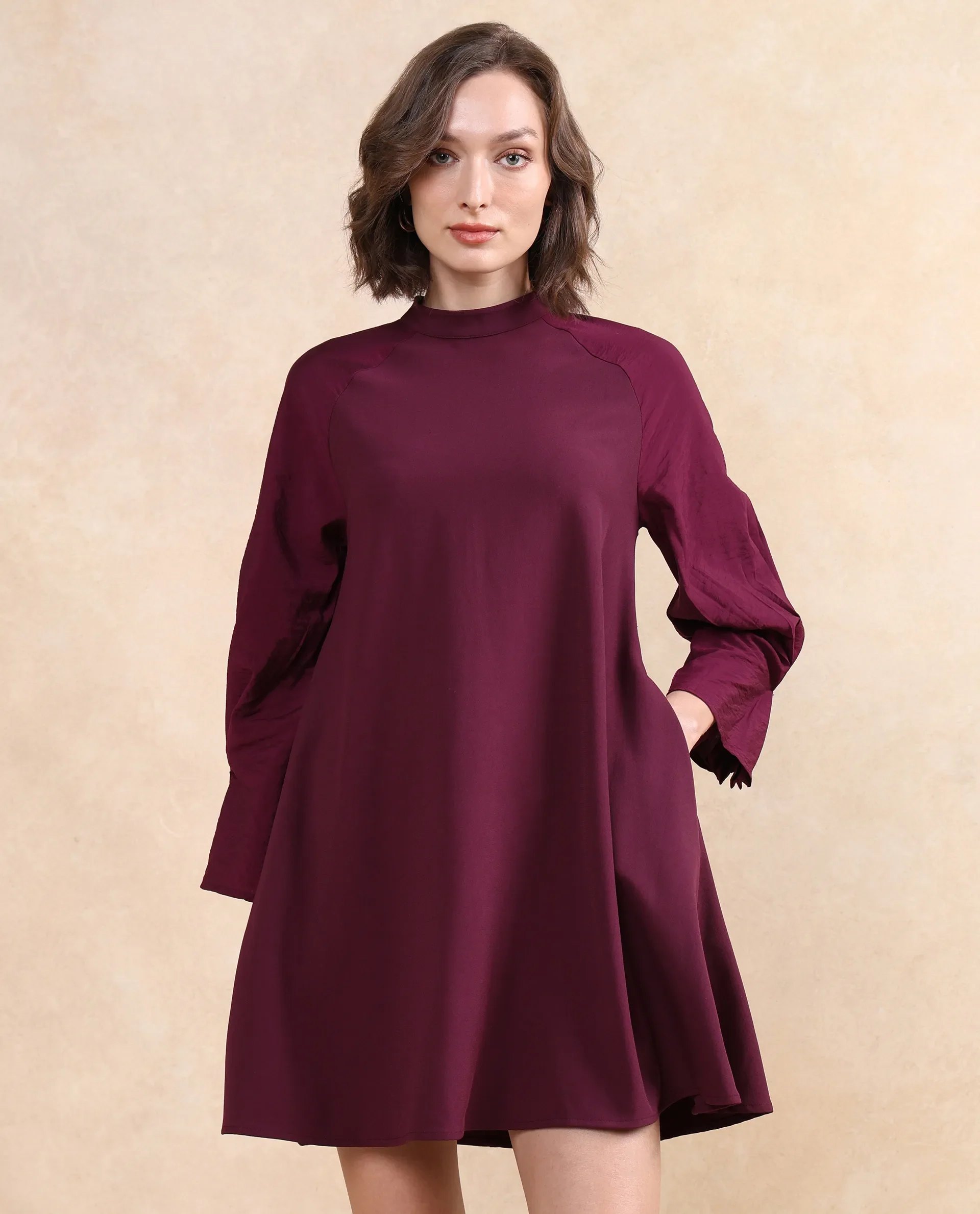 Rareism Women's Cayman Maroon Cotton Blend High Neck Plain Fashion Sleeve Midi Straight Fit Dress - Image 4