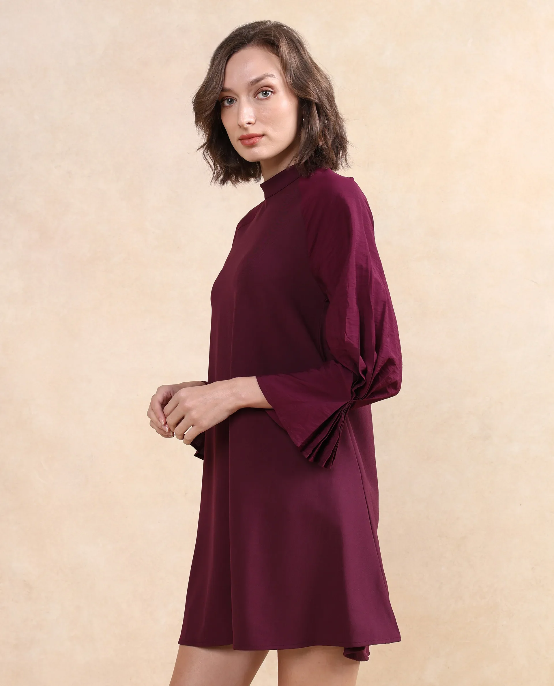 Rareism Women's Cayman Maroon Cotton Blend High Neck Plain Fashion Sleeve Midi Straight Fit Dress - Image 6