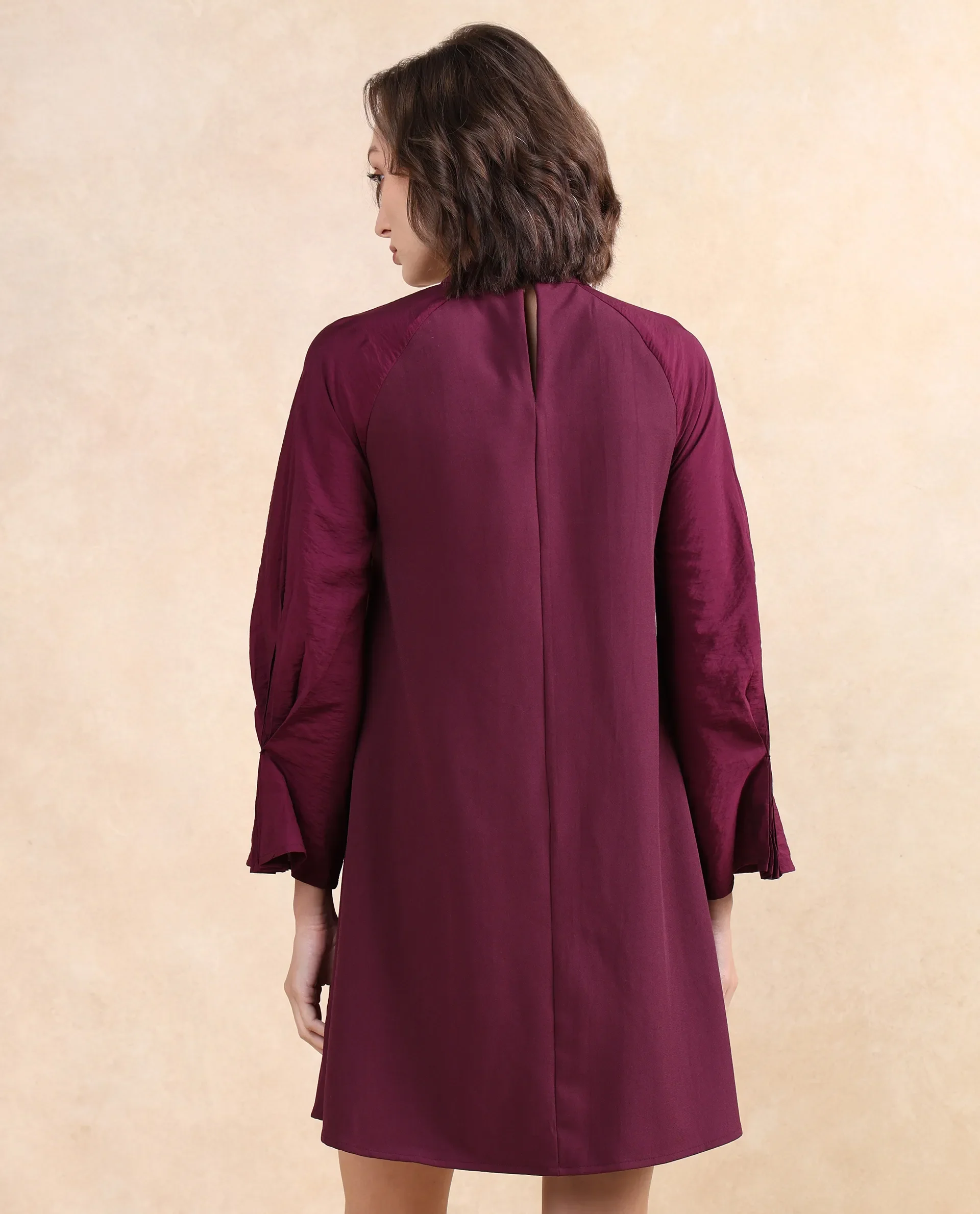 Rareism Women's Cayman Maroon Cotton Blend High Neck Plain Fashion Sleeve Midi Straight Fit Dress - Image 7