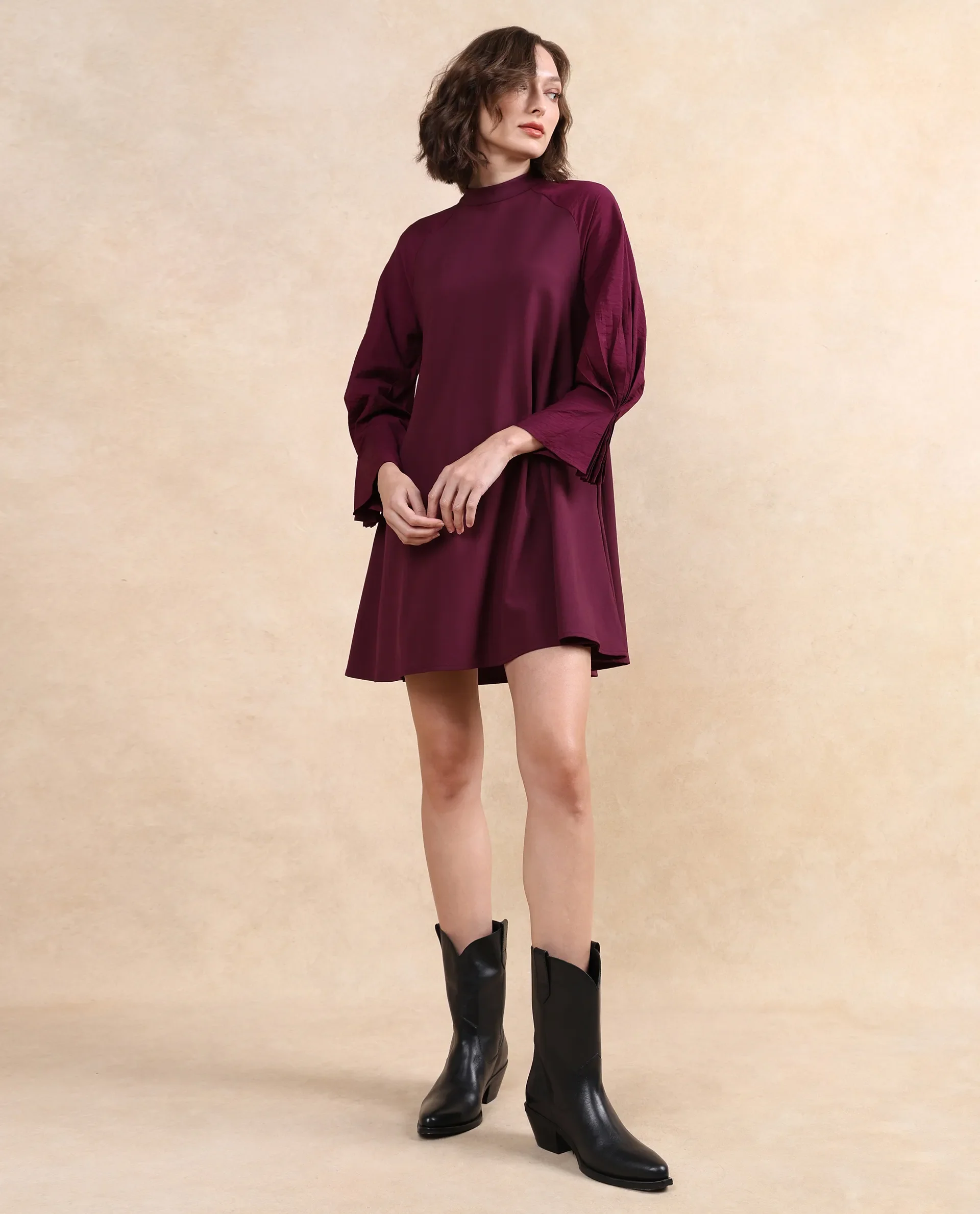 Rareism Women's Cayman Maroon Cotton Blend High Neck Plain Fashion Sleeve Midi Straight Fit Dress - Image 9