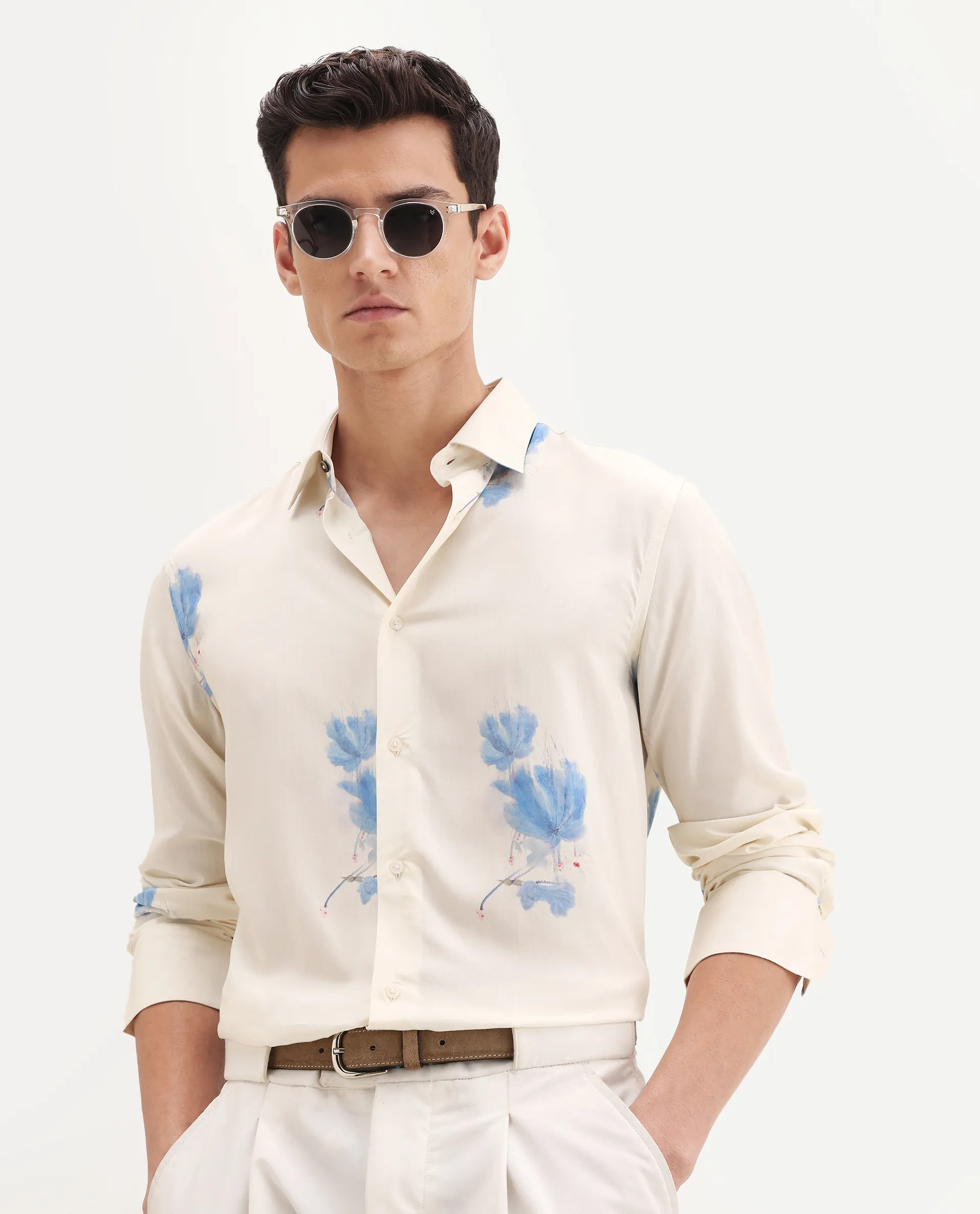 Rare Rabbit Men's Cazar-25 Off White Viscose Blend Fabric Spread Collar Regular Fit Floral Print Shirt
