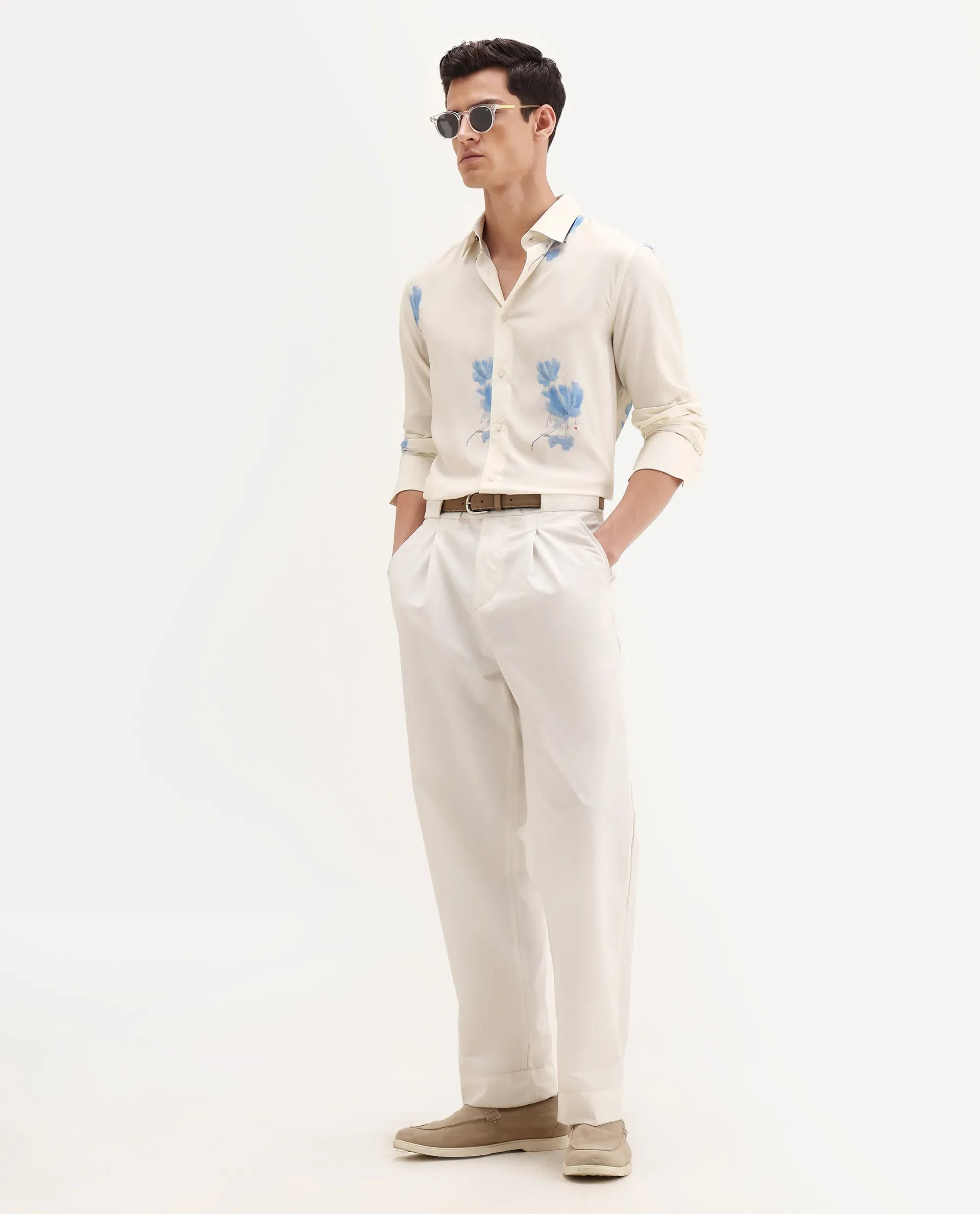 Rare Rabbit Men's Cazar-25 Off White Viscose Blend Fabric Spread Collar Regular Fit Floral Print Shirt - Image 2