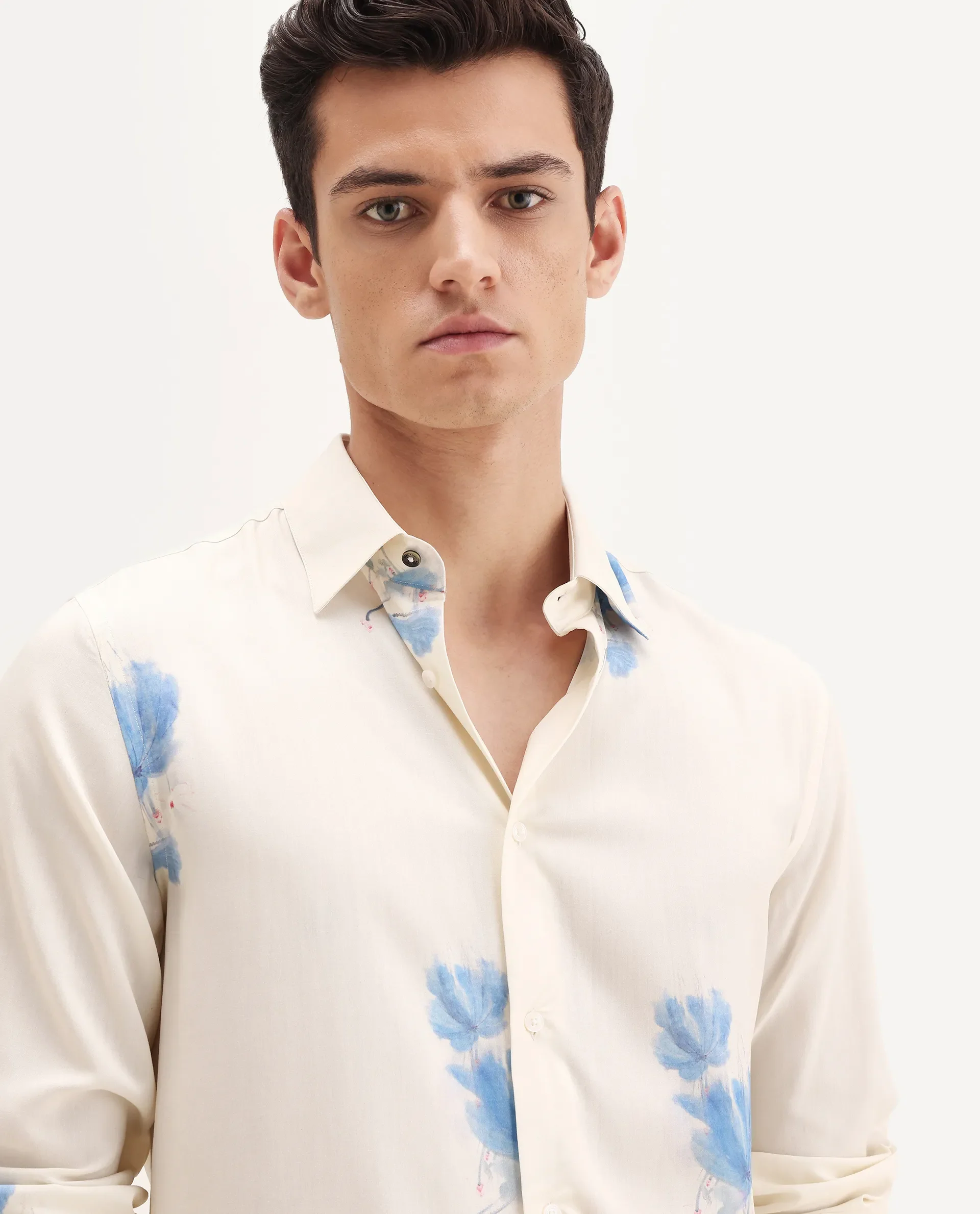 Rare Rabbit Men's Cazar-25 Off White Viscose Blend Fabric Spread Collar Regular Fit Floral Print Shirt - Image 3