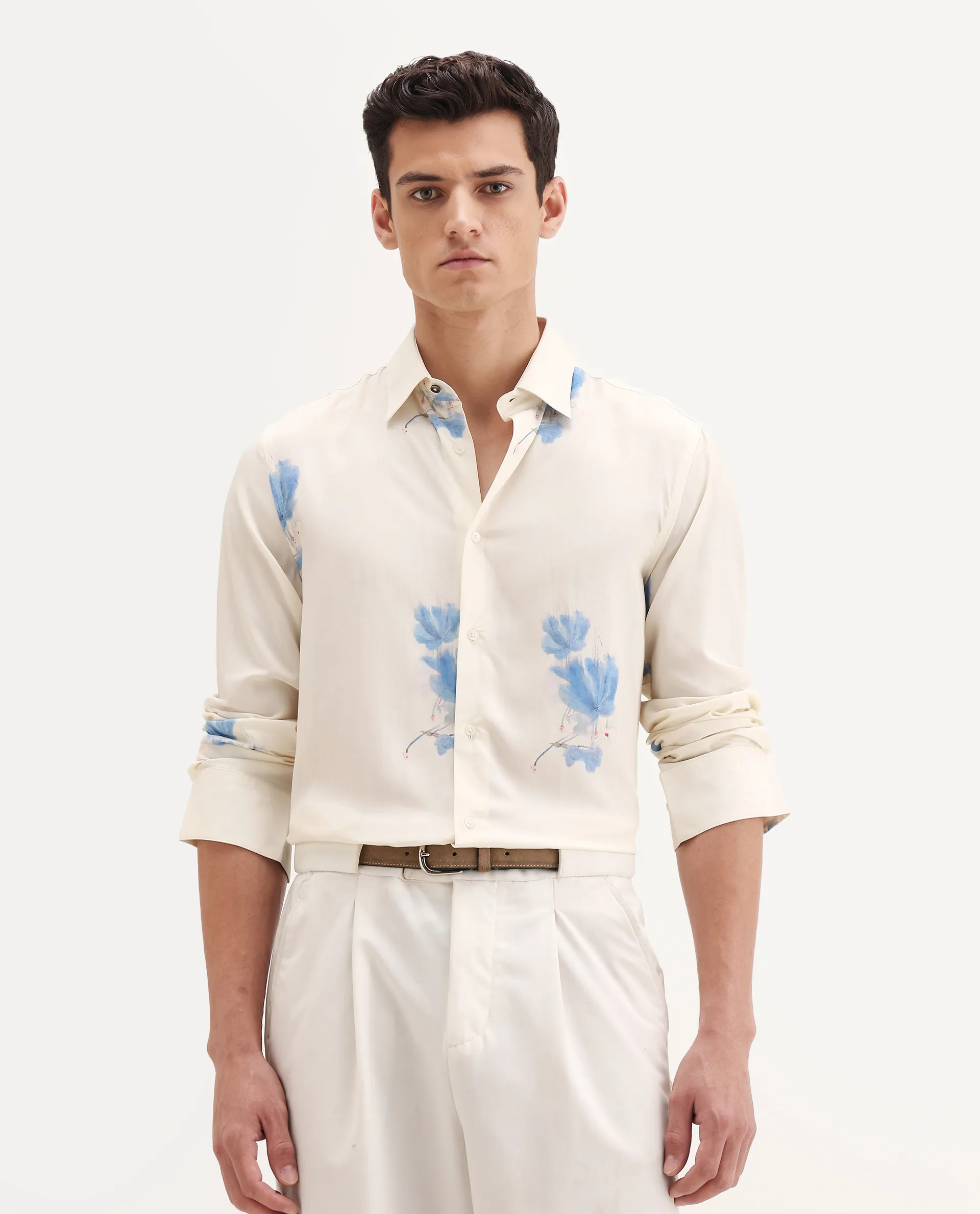 Rare Rabbit Men's Cazar-25 Off White Viscose Blend Fabric Spread Collar Regular Fit Floral Print Shirt - Image 4