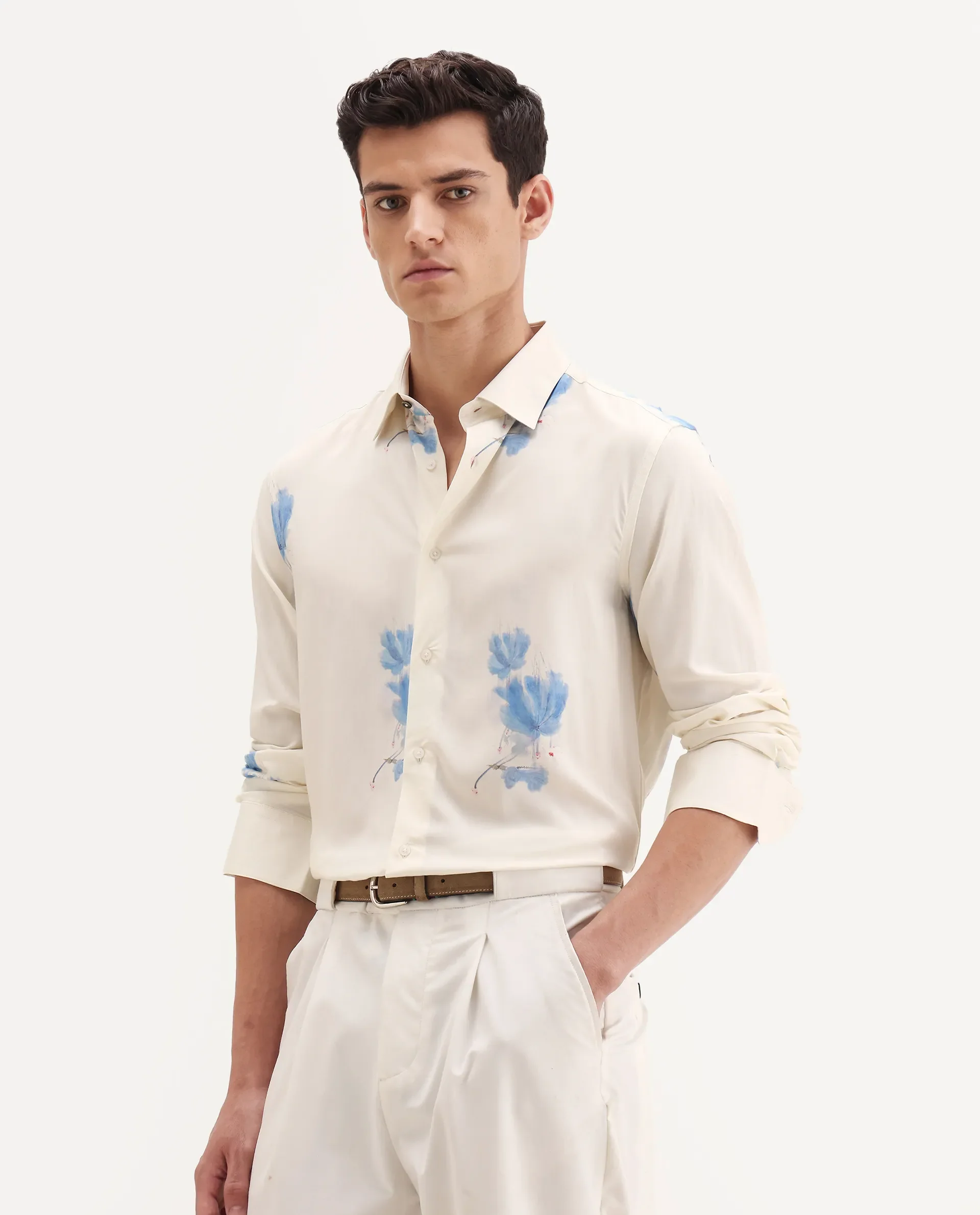 Rare Rabbit Men's Cazar-25 Off White Viscose Blend Fabric Spread Collar Regular Fit Floral Print Shirt - Image 5