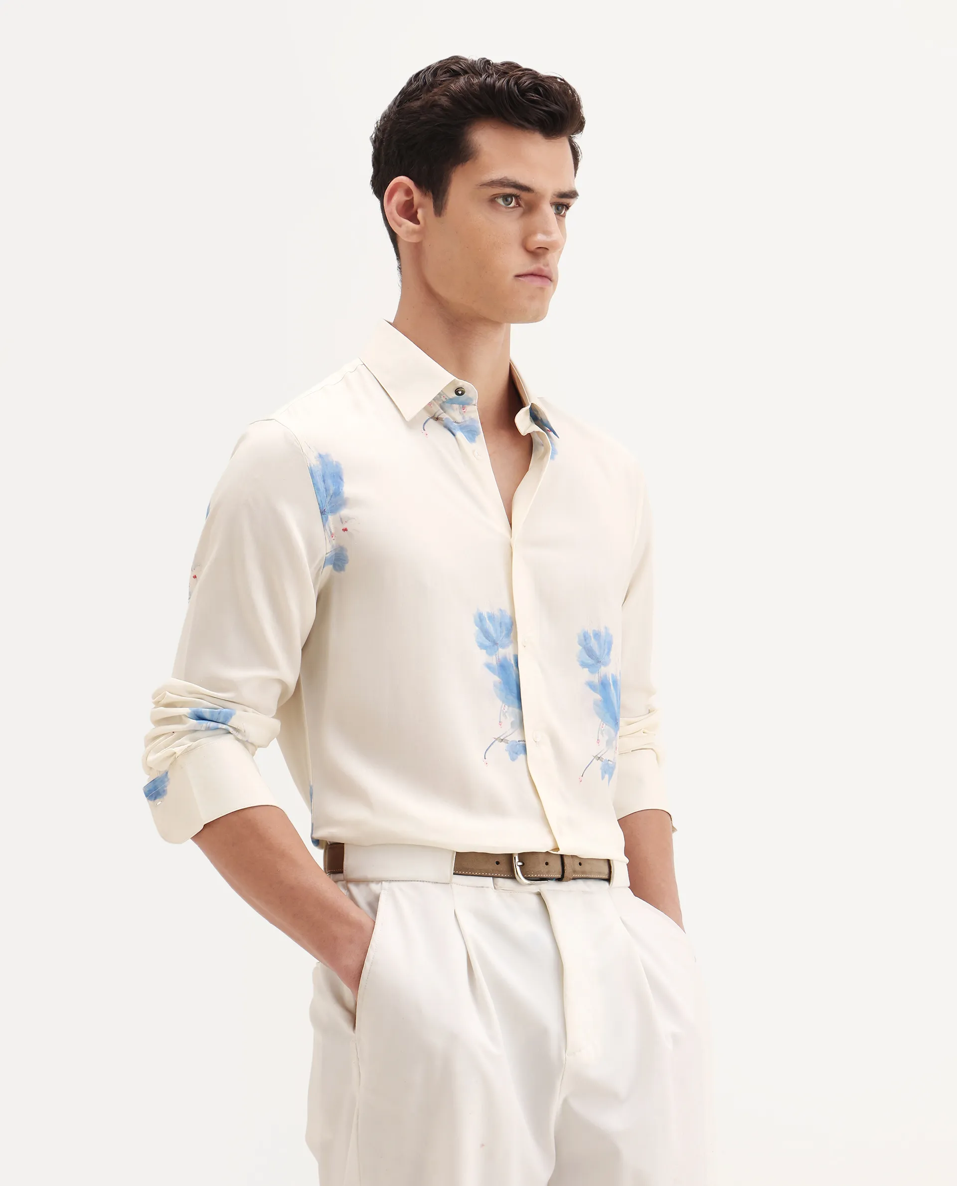 Rare Rabbit Men's Cazar-25 Off White Viscose Blend Fabric Spread Collar Regular Fit Floral Print Shirt - Image 6