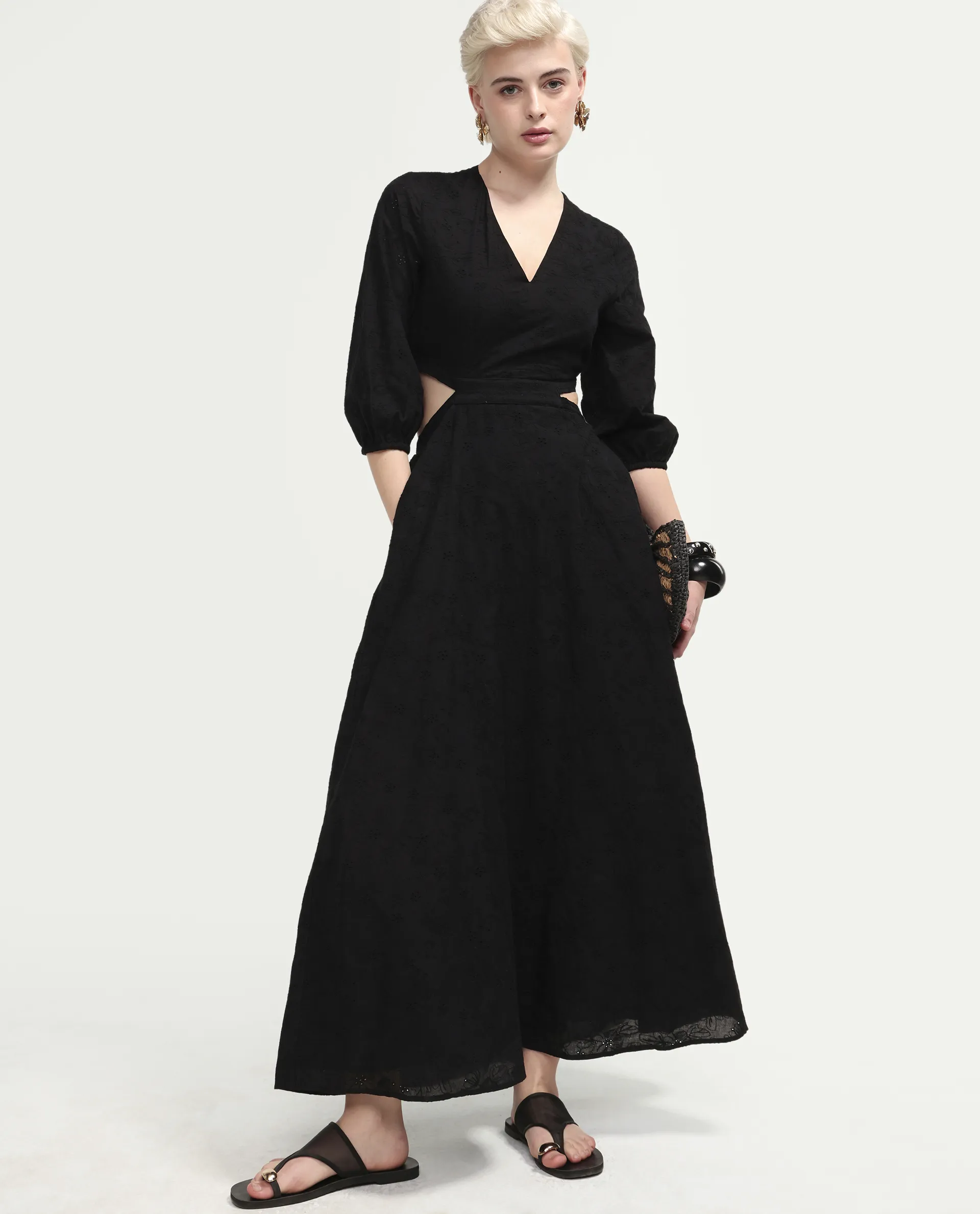 Rareism Women's Cazie Black Cotton 3/4Th Sleeve Fit And Flare Plain Dress - Image 3