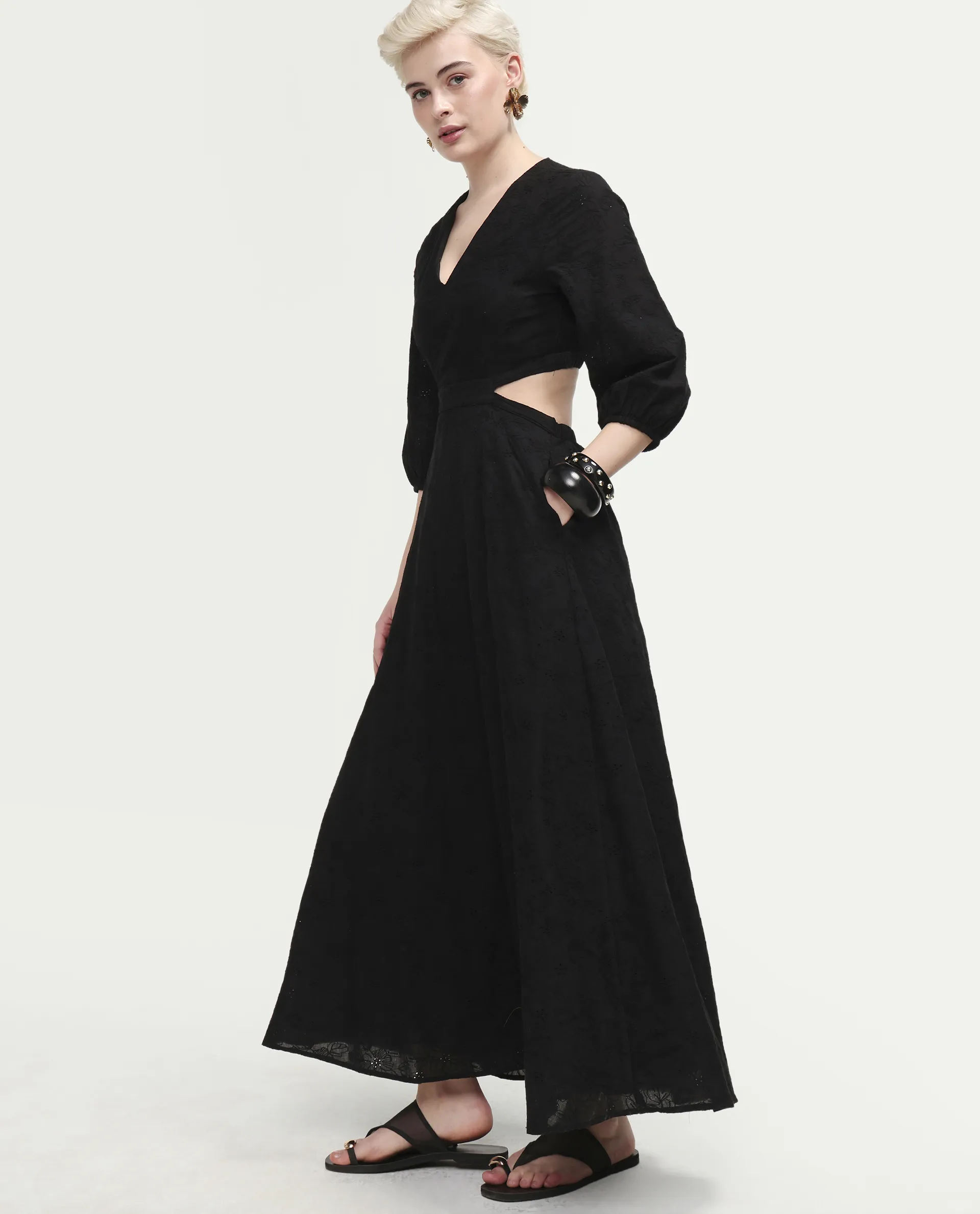 Rareism Women's Cazie Black Cotton 3/4Th Sleeve Fit And Flare Plain Dress - Image 5
