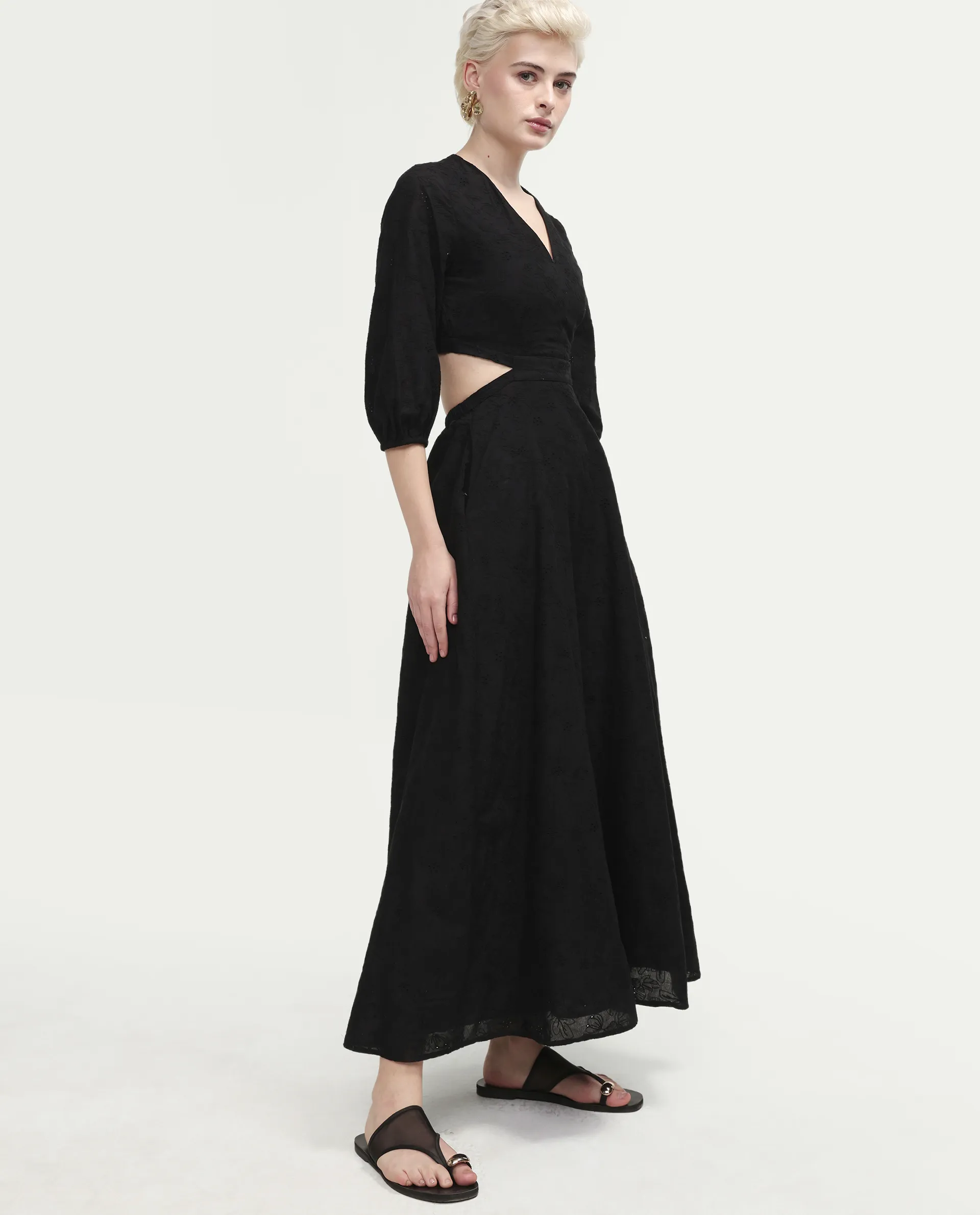 Rareism Women's Cazie Black Cotton 3/4Th Sleeve Fit And Flare Plain Dress - Image 6