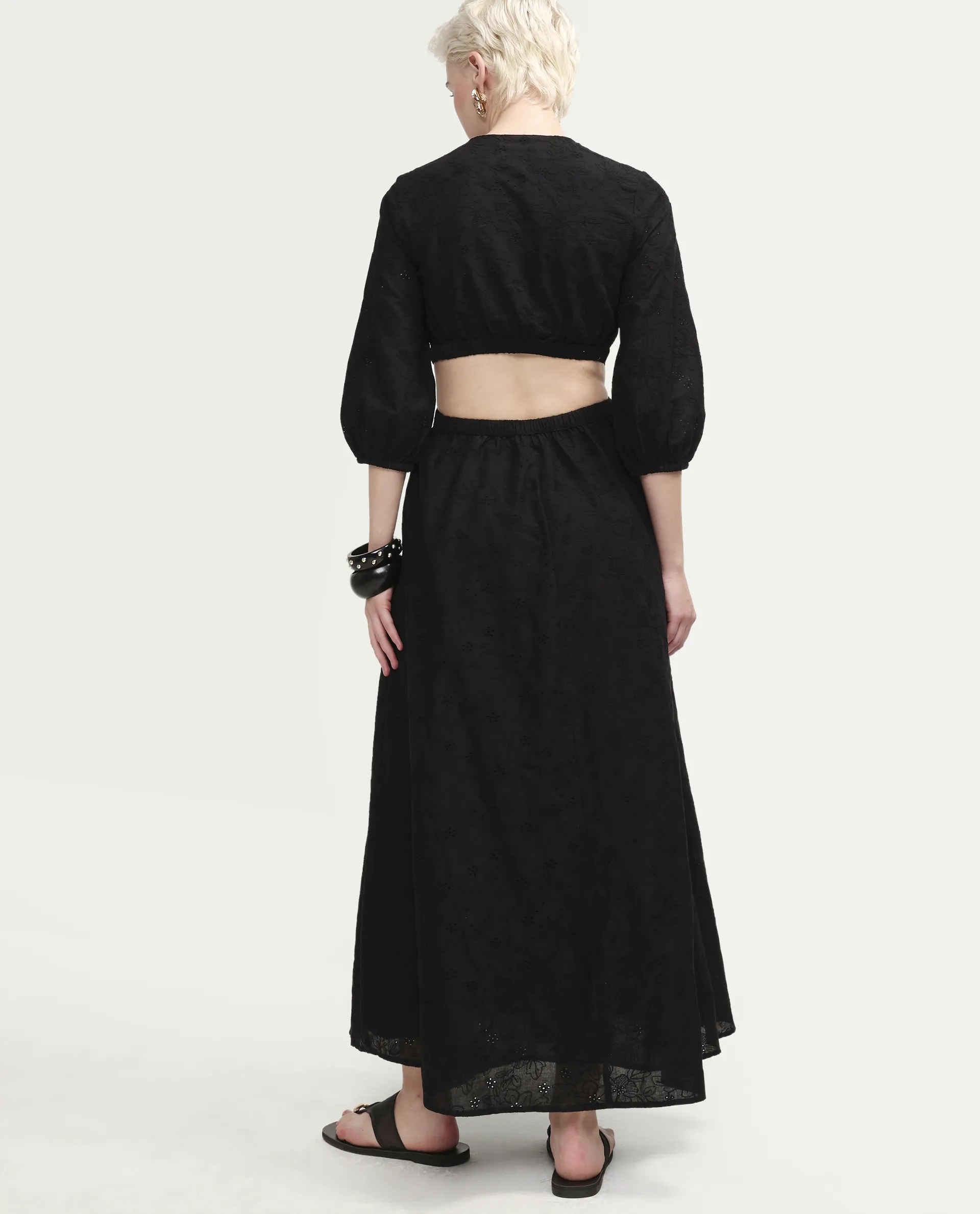 Rareism Women's Cazie Black Cotton 3/4Th Sleeve Fit And Flare Plain Dress - Image 7