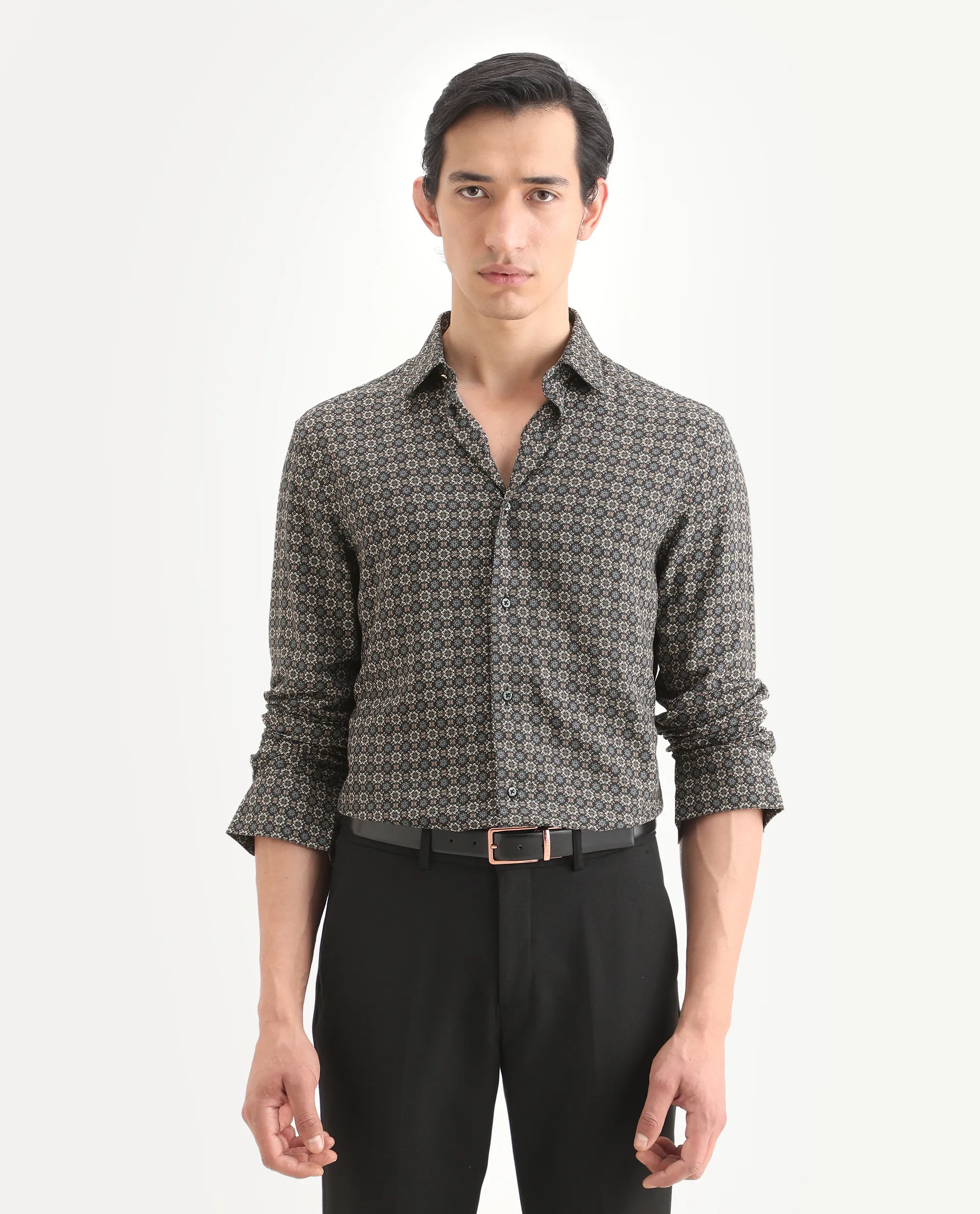Rare Rabbit Men's Cazn Black Viscose Fabric Full Sleeve Spread Collar Regular Fit Geometric Print Shirt - Image 3