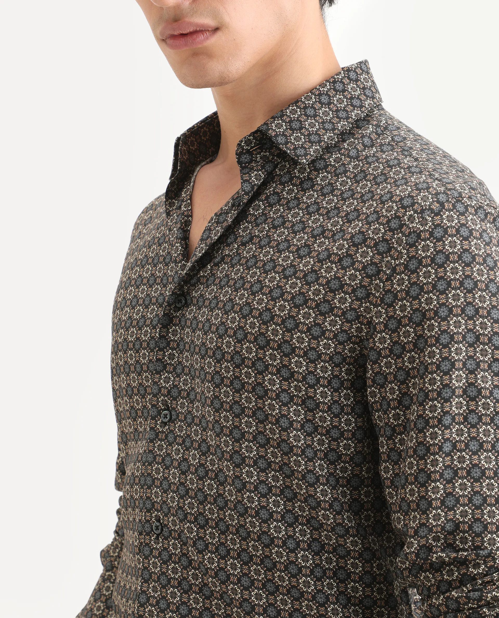 Rare Rabbit Men's Cazn Black Viscose Fabric Full Sleeve Spread Collar Regular Fit Geometric Print Shirt - Image 5