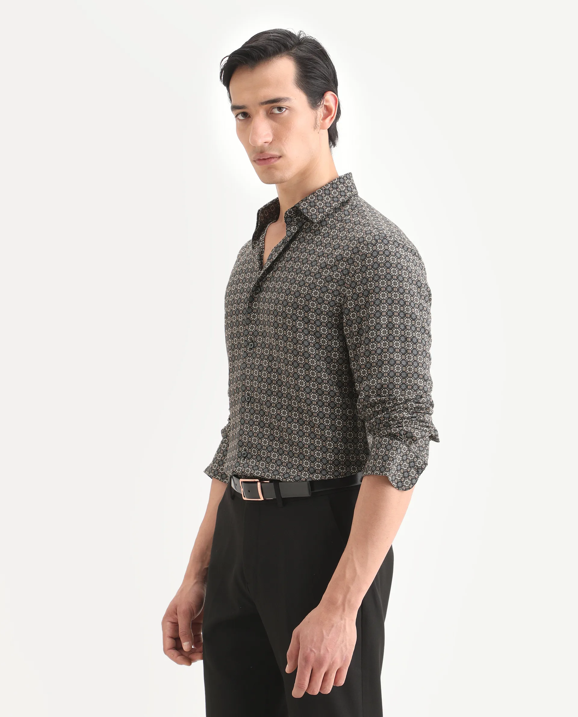 Rare Rabbit Men's Cazn Black Viscose Fabric Full Sleeve Spread Collar Regular Fit Geometric Print Shirt - Image 6