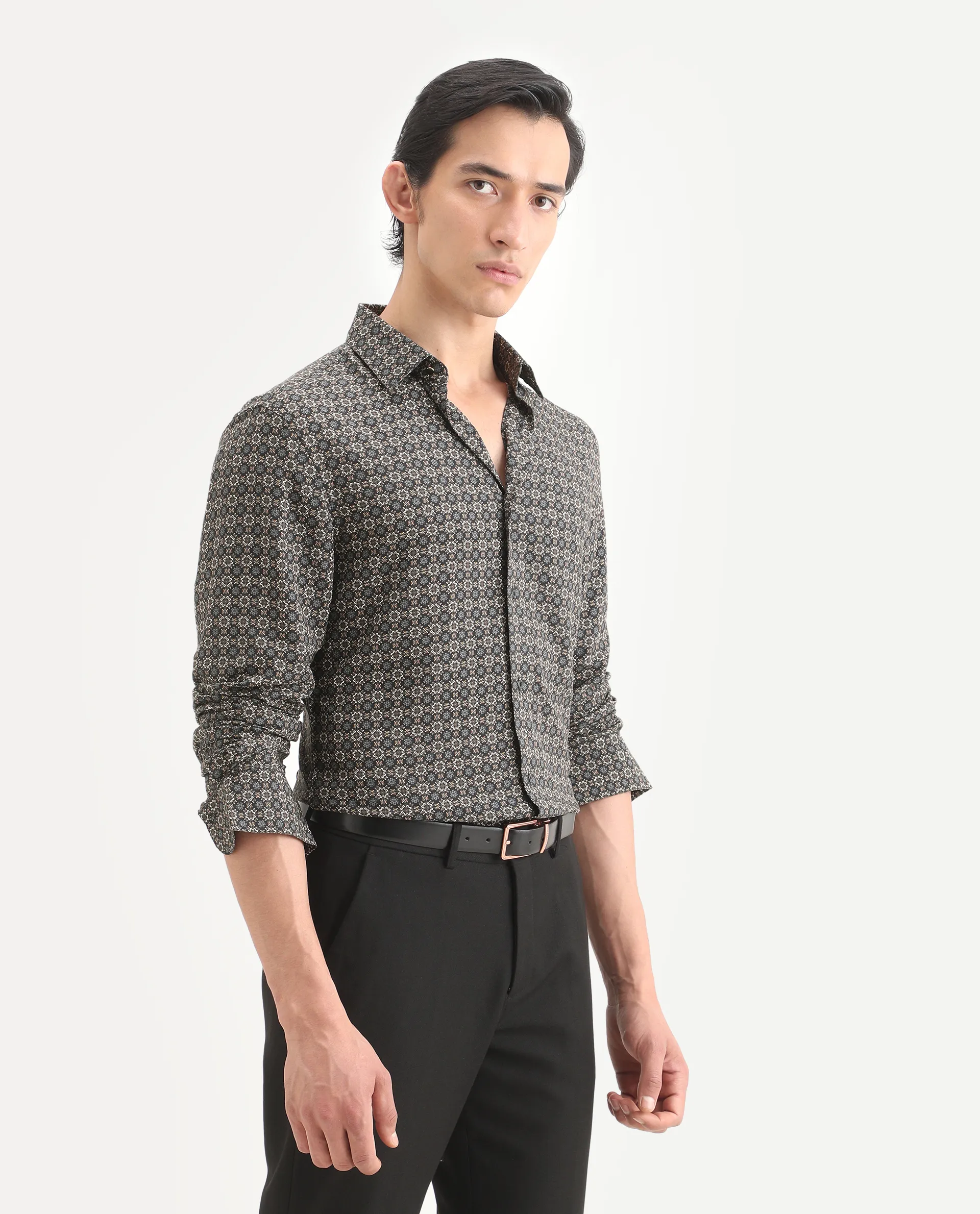 Rare Rabbit Men's Cazn Black Viscose Fabric Full Sleeve Spread Collar Regular Fit Geometric Print Shirt - Image 7