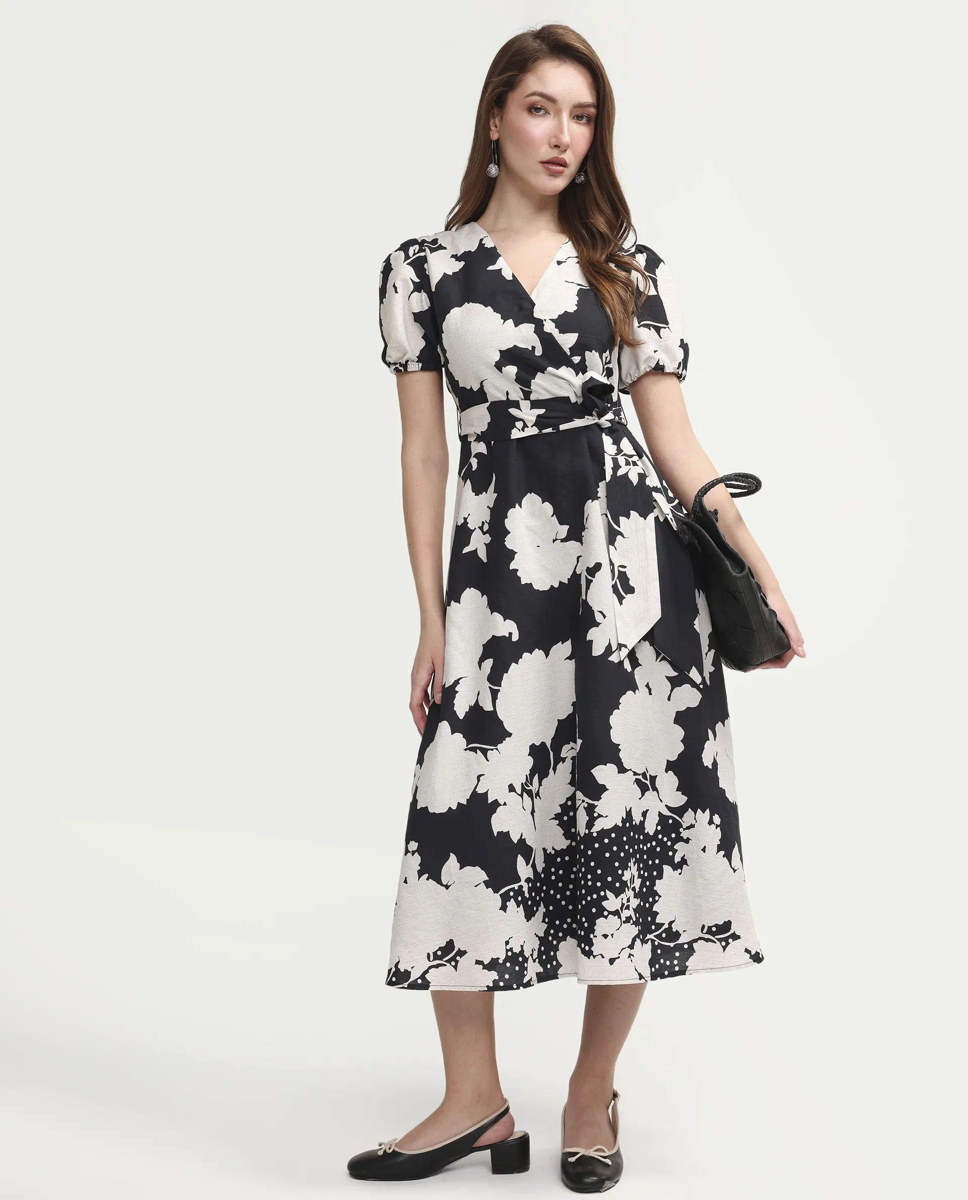 Rareism Women's Cazzy Black Cotton Half Sleeve Flared Floral Print Dress - Image 2
