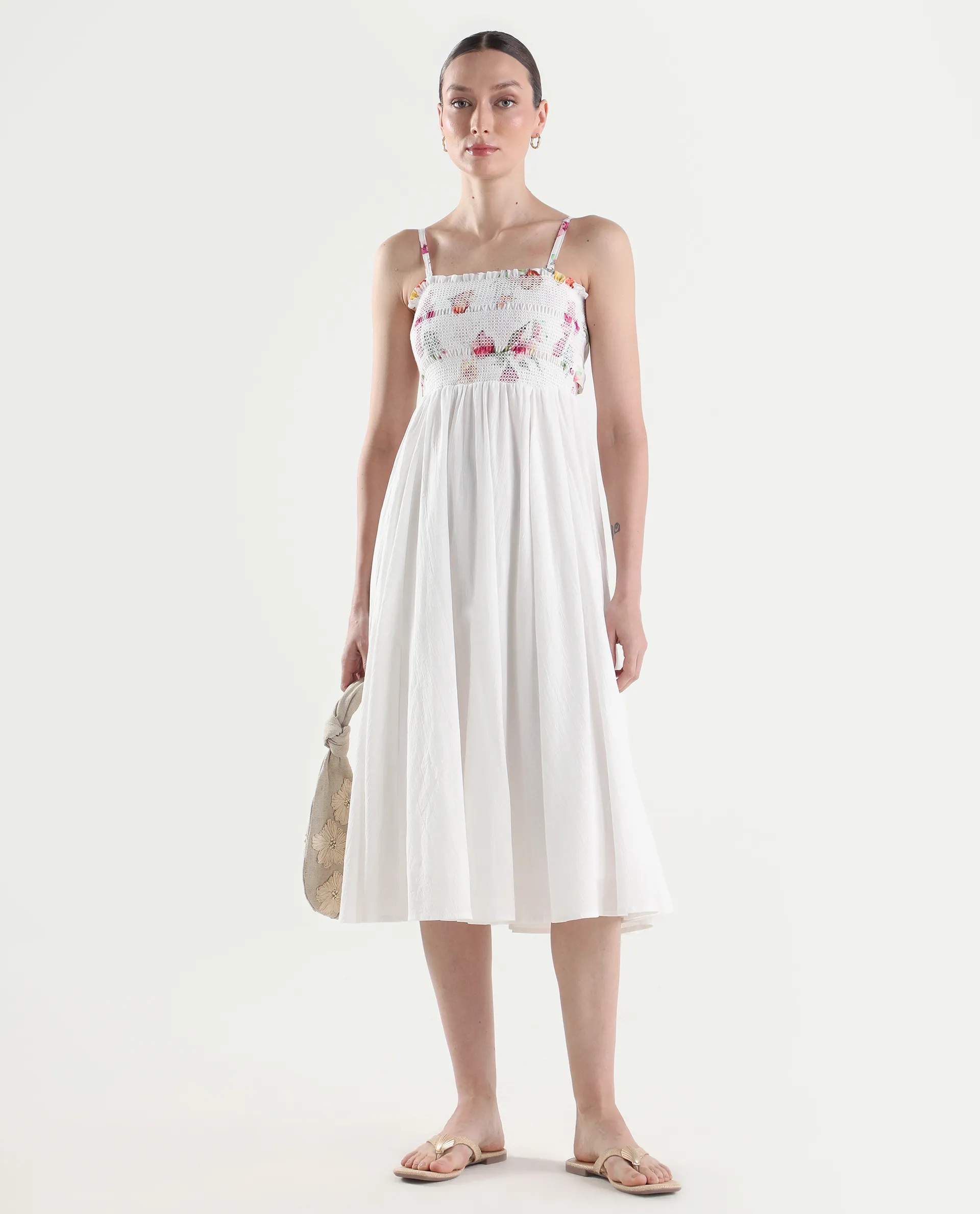 Rareism Women's Ceana Off White Cotton Sleeveless Fit And Flare Floral Print Dress - Image 2