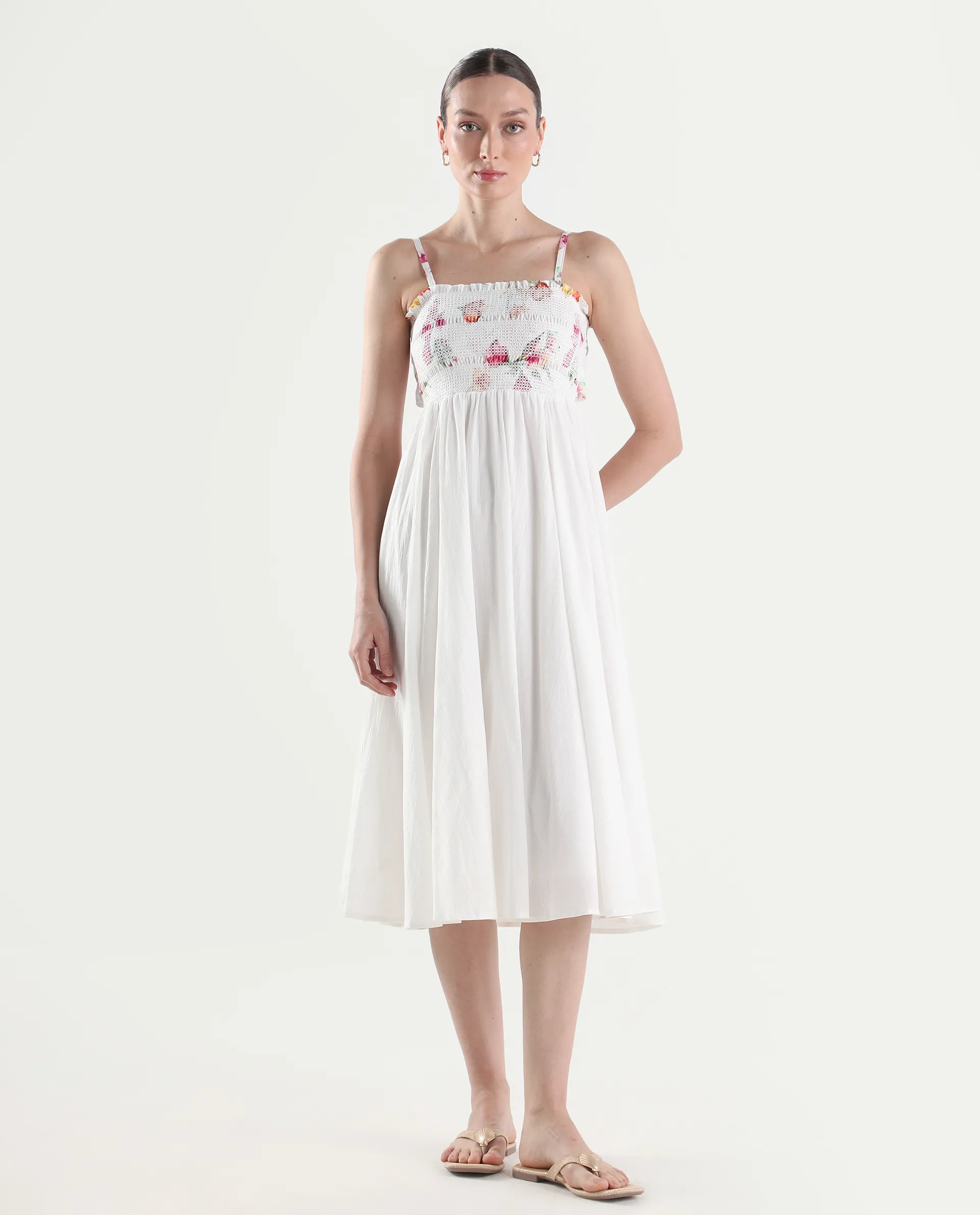Rareism Women's Ceana Off White Cotton Sleeveless Fit And Flare Floral Print Dress - Image 3